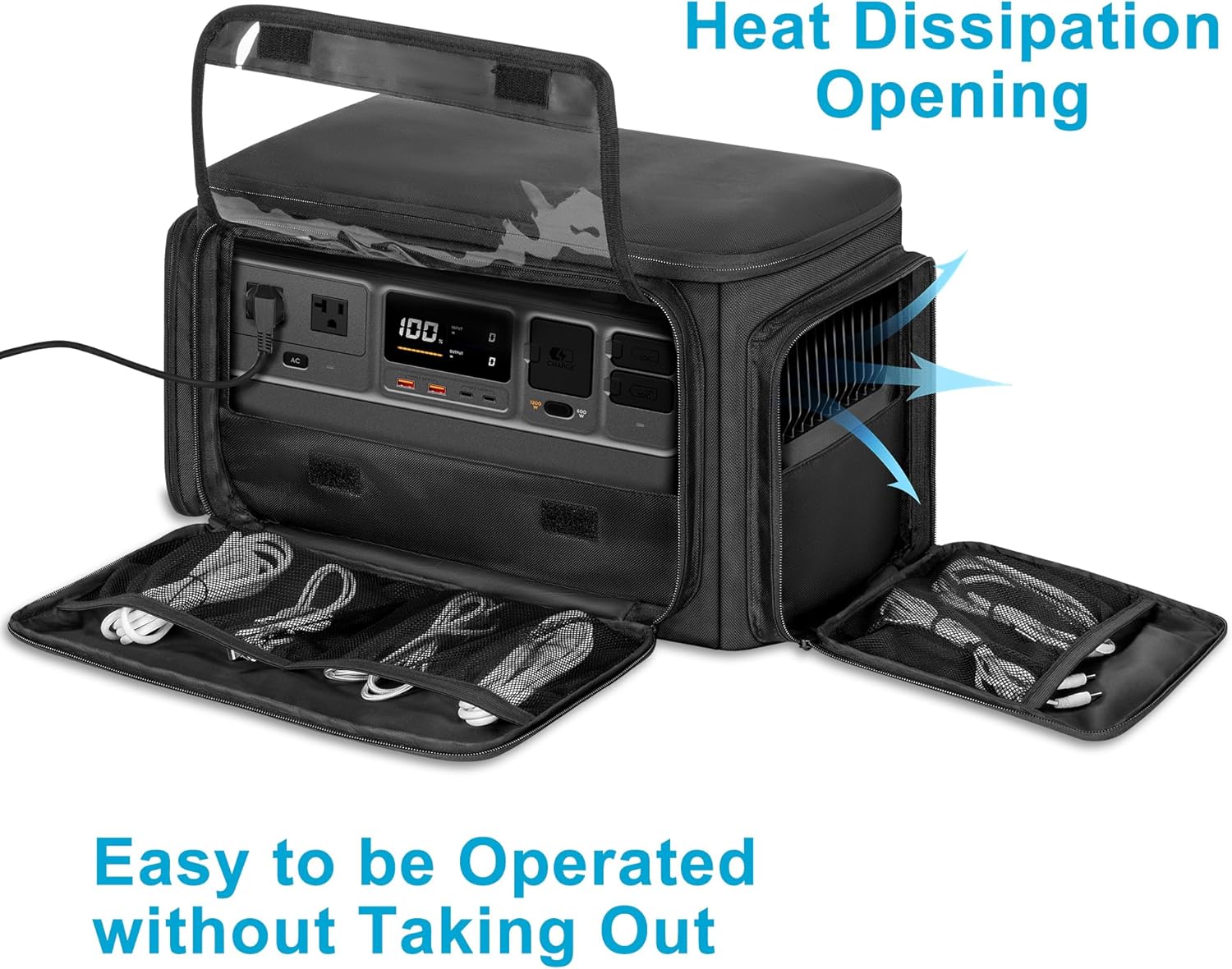 Trunab Portable Station Carrying Case Compatible with DJI 1000 Power Station Generator, Protective Shoulder Bag with Transparent Front Panel and Heat-Dissipating Side Zippers,Black