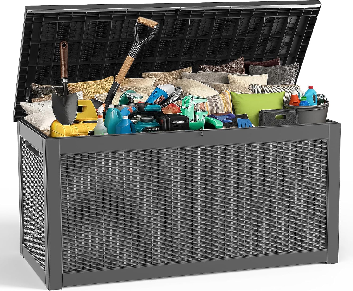 ROJIK Outdoor Storage Housing Deck Box - Waterproof Patio Furniture, Garden Tools, Cushions, Pool Accessories Storage Bench with Lockable Lid and Side Handles (Black, 315 Gal)