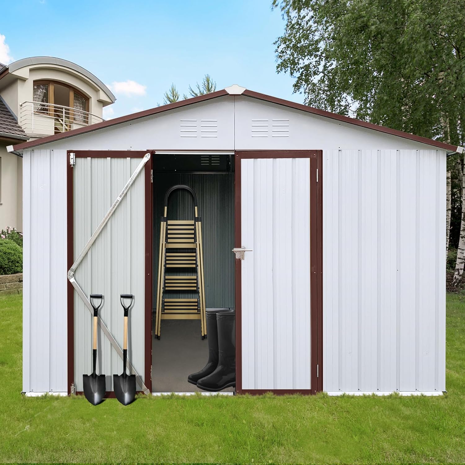 112.5in*142.5in Heavy-Gauge Metal Outdoor Storage Shed - Apex Roof w/Lockable Hinged Door & Free Padlock, Tiny Home & Tool Shed Solution for Large Equipment,White+Coffee