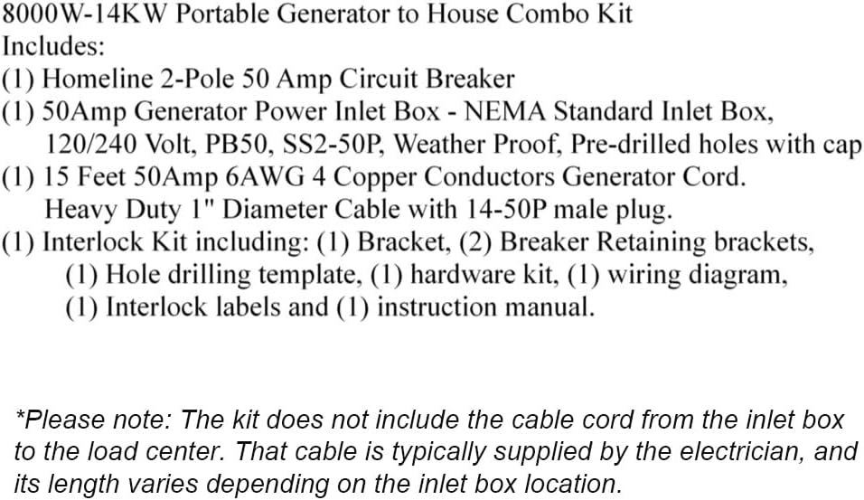 50 Amp Generator to House Hook-up Kit for Square D Homeline 150/200/225 Amp Load Center, Including Generator Cord,Power Inlet Box,Panel Interlock Kit and Circuit Breaker