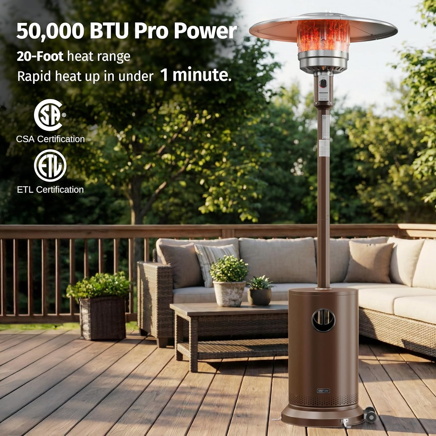 EAST OAK One-Hand Ignition Patio Heater with Enhanced Burner Head, 50,000 BTU Propane Outdoor Heater, One-Person Install, Round Table Design for Porch, Garden, Balcony, Backyard