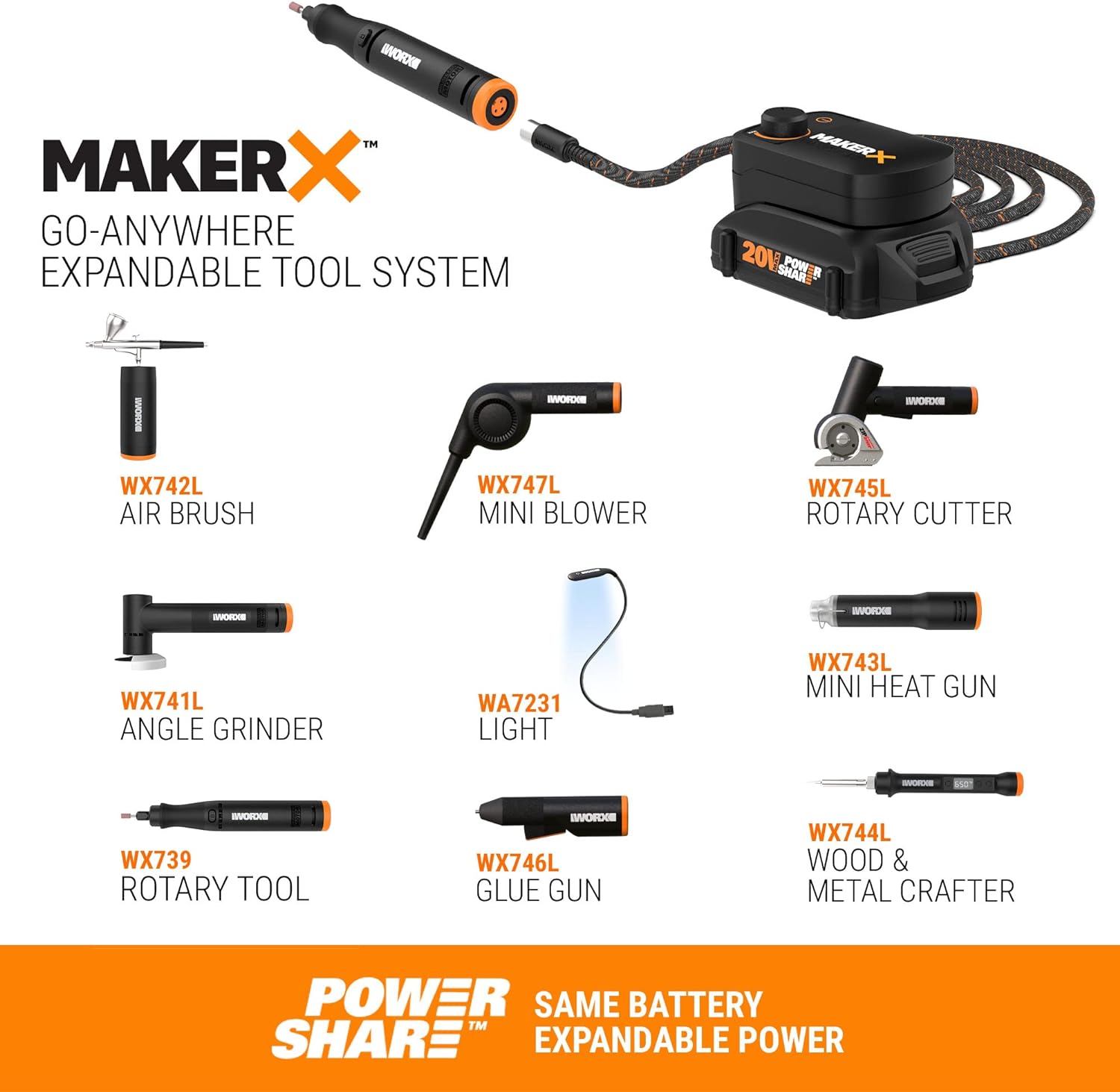 Worx WX989L 20V MAKERX 2-Pc Combo Kit - Rotary Tool + Heat Gun w/ 42 Accessories