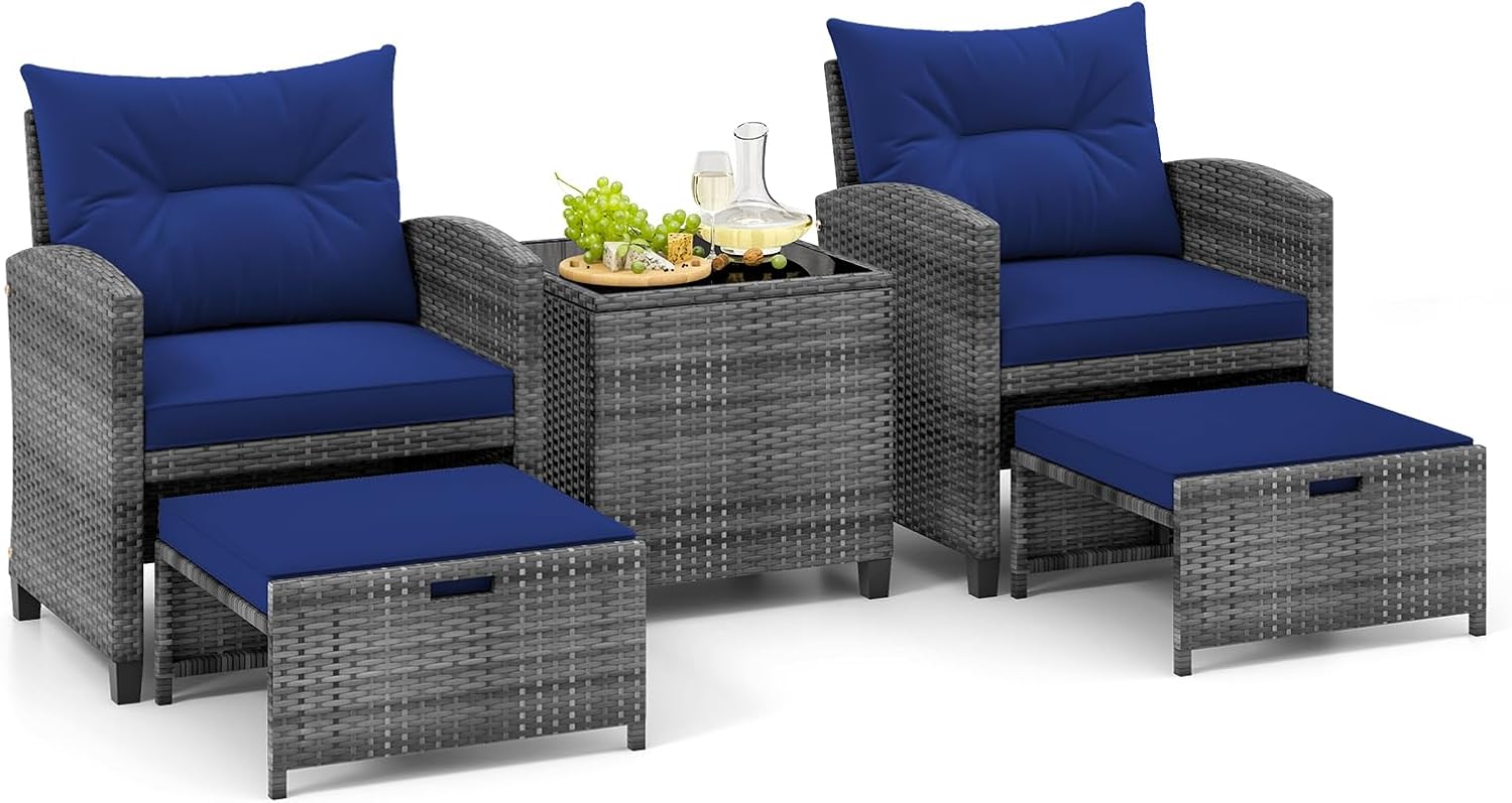 Tangkula 5 Piece Patio Rattan Furniture, Wicker Cushioned Chairs Set w/ 2 Ottomans & Tempered Glass Coffee Table, for Poolside, Backyard, Lawn, Deck (Mix Gray+Navy)