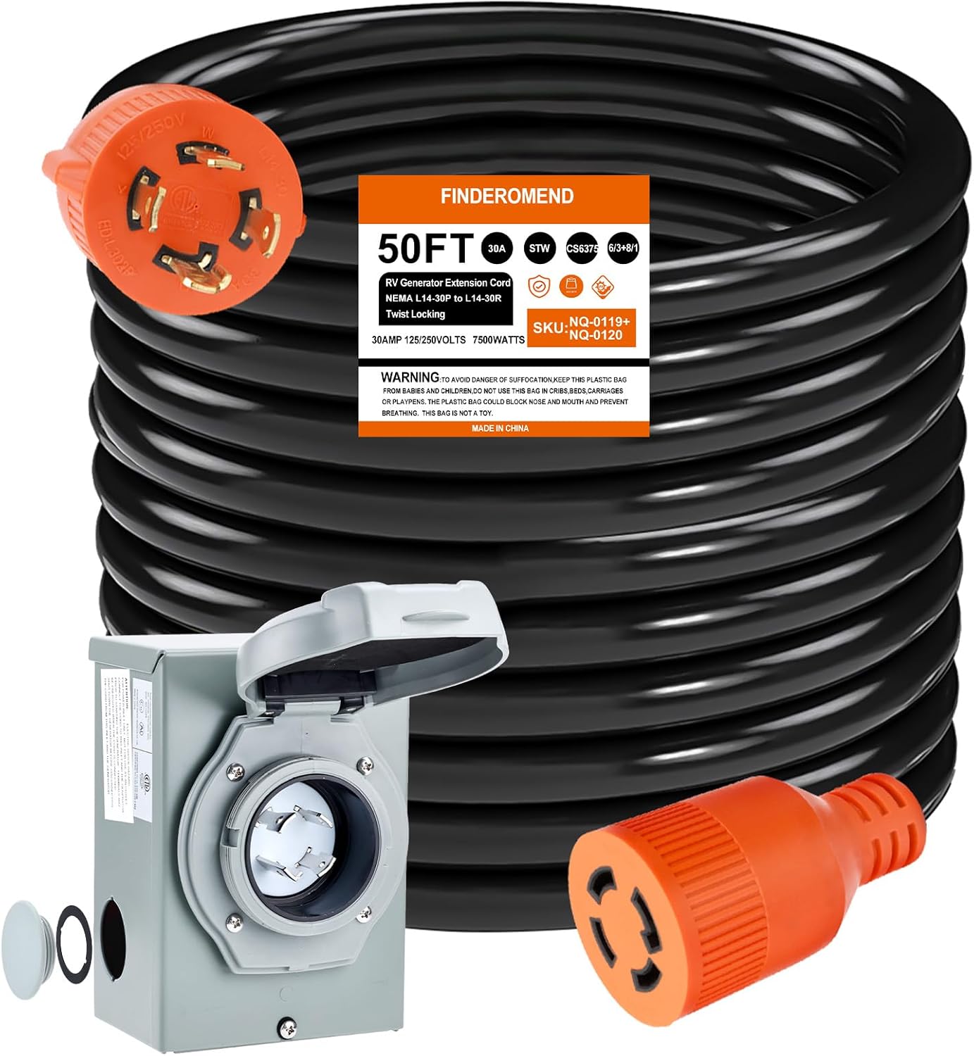 Finderomend 50ft 30 Amp Generator Cord and 30 Amp Generator Inlet Box, NEMA L14-30P to L14-30R Power Extension Cord 125V/250V 7500W Twist Lock Cord Plug for RV Emergency Backup,ETL Listed
