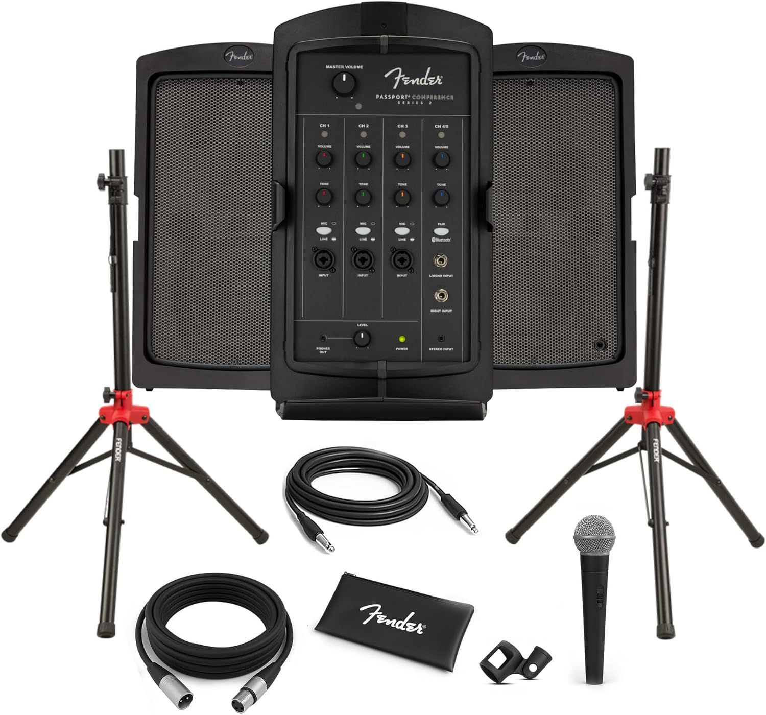 Fender Passport Conference S2 Portable PA System Bundle with Microphone Kit, Compact Speaker Stands, and Instrument Cable