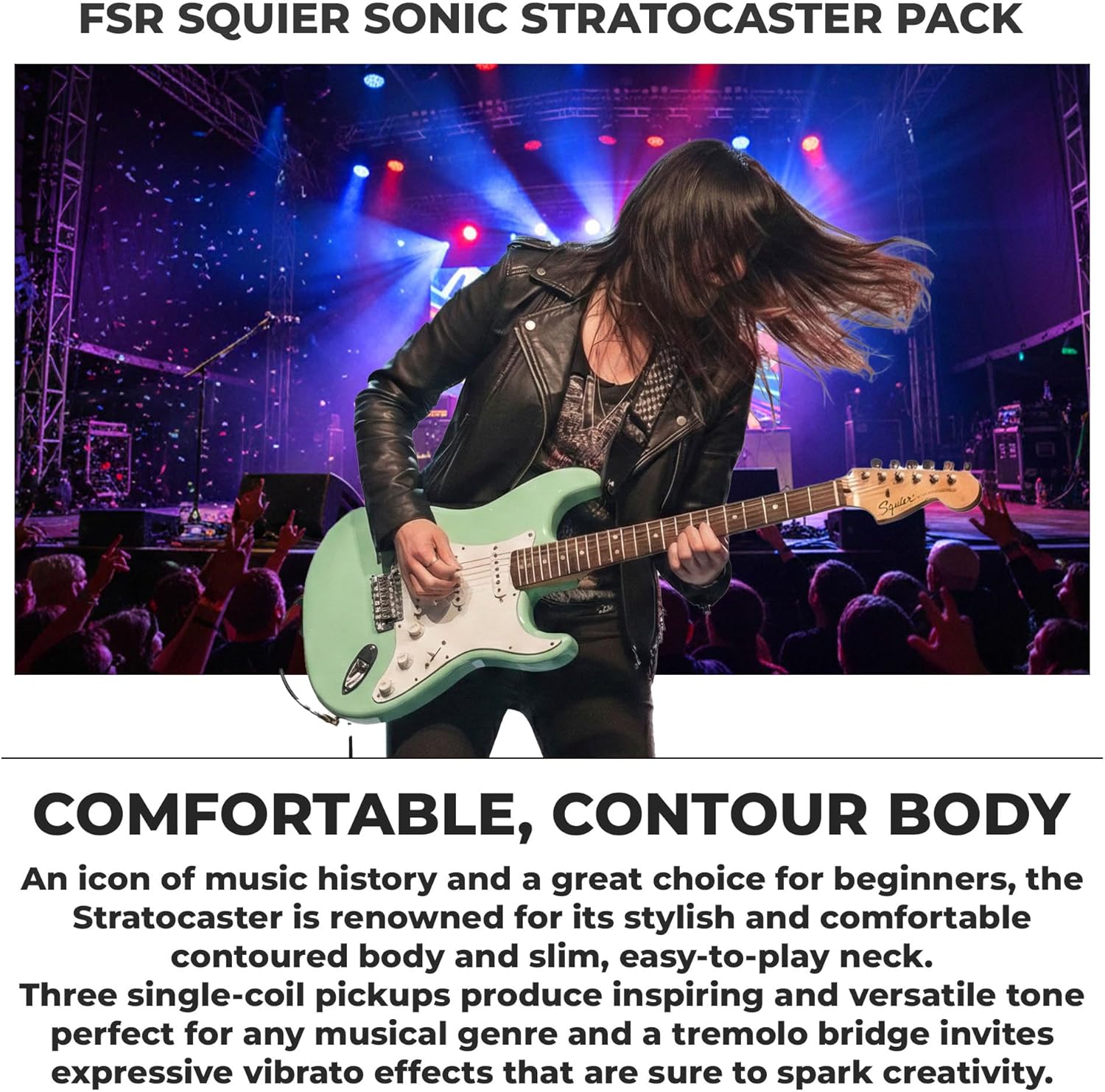 Fender Squier Sonic Stratocaster - Surf Green Bundle with Frontman 10g Amp, Gig Bag, Cable, Strap, Tuner, Picks, and Austin Bazaar Guitar DVD