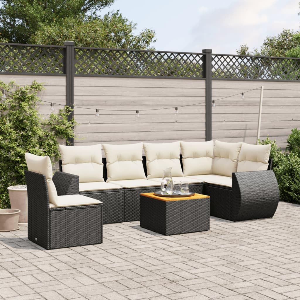 7-Piece Modular Garden Sofa Set with Cream White Cushions and Black Synthetic Rattan Furniture for Outdoor Patio Seating Arrangement