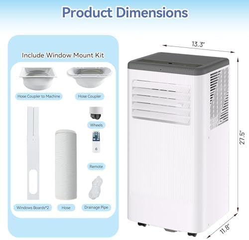 10000 BTU Portable Air Conditioner, Cools Up to 560 Sq. Ft., Portable AC Unit with Cooling, Dehumidifier and Fan Functions, Remote Control, LED Display, and Window Venting Kit Included