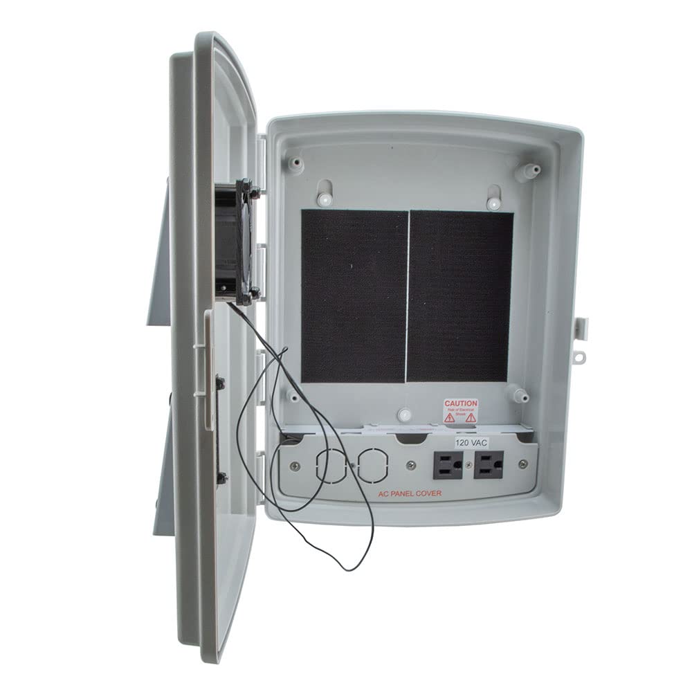 NavePoint 14x10x04 ABS Plastic Weatherproof Indoor/Outdoor IP24 NEMA 3R Enclosure, Hook & Loop Mounting, Fan & 120 VAC outlets, Gray
