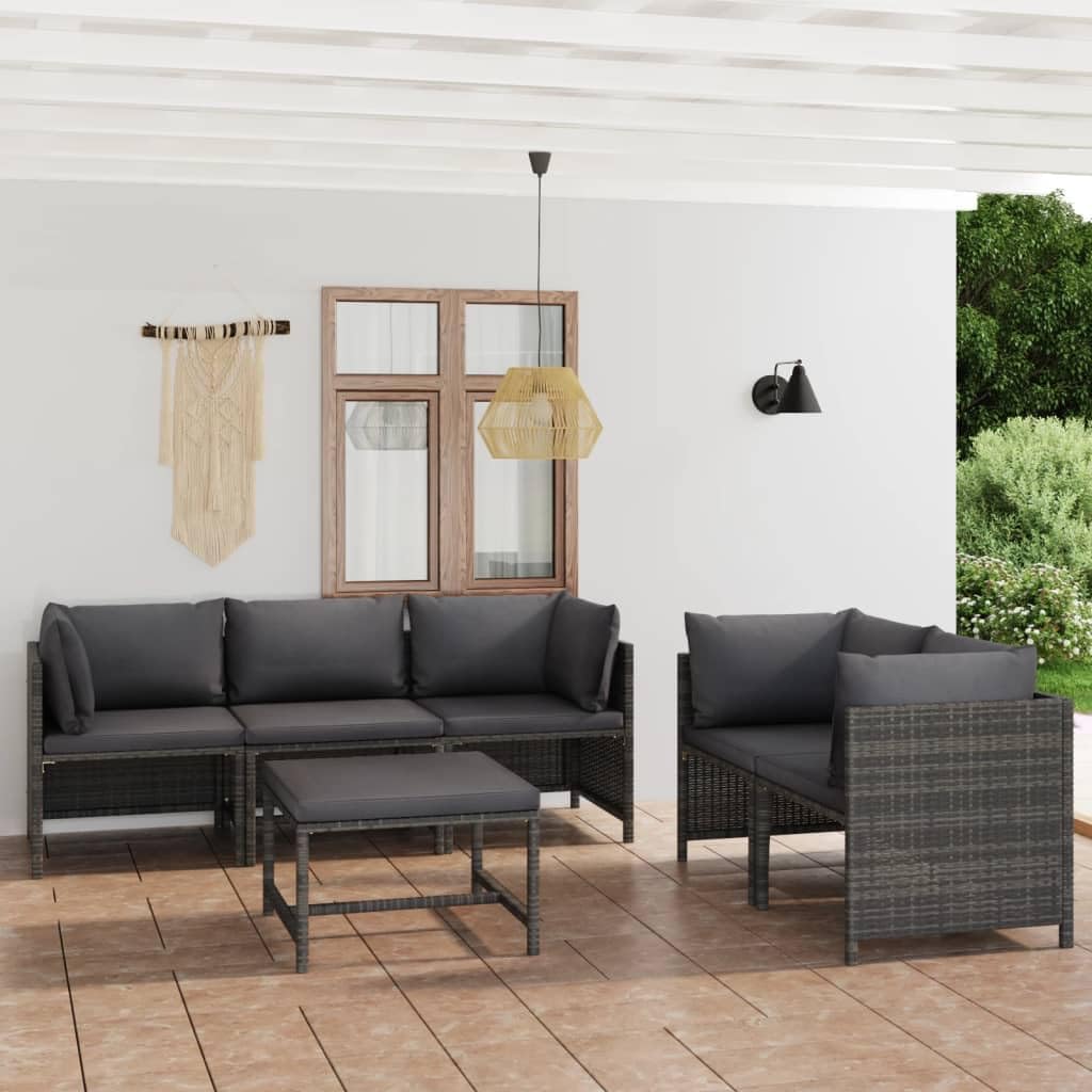6 Piece Patio Lounge Set with Cushions Poly Rattan Gray,Comfy Rattan Patio Lounge Set: Modular, WeatherResistant, and EasyClean Patio Furniture, Outdoor Furniture Sets