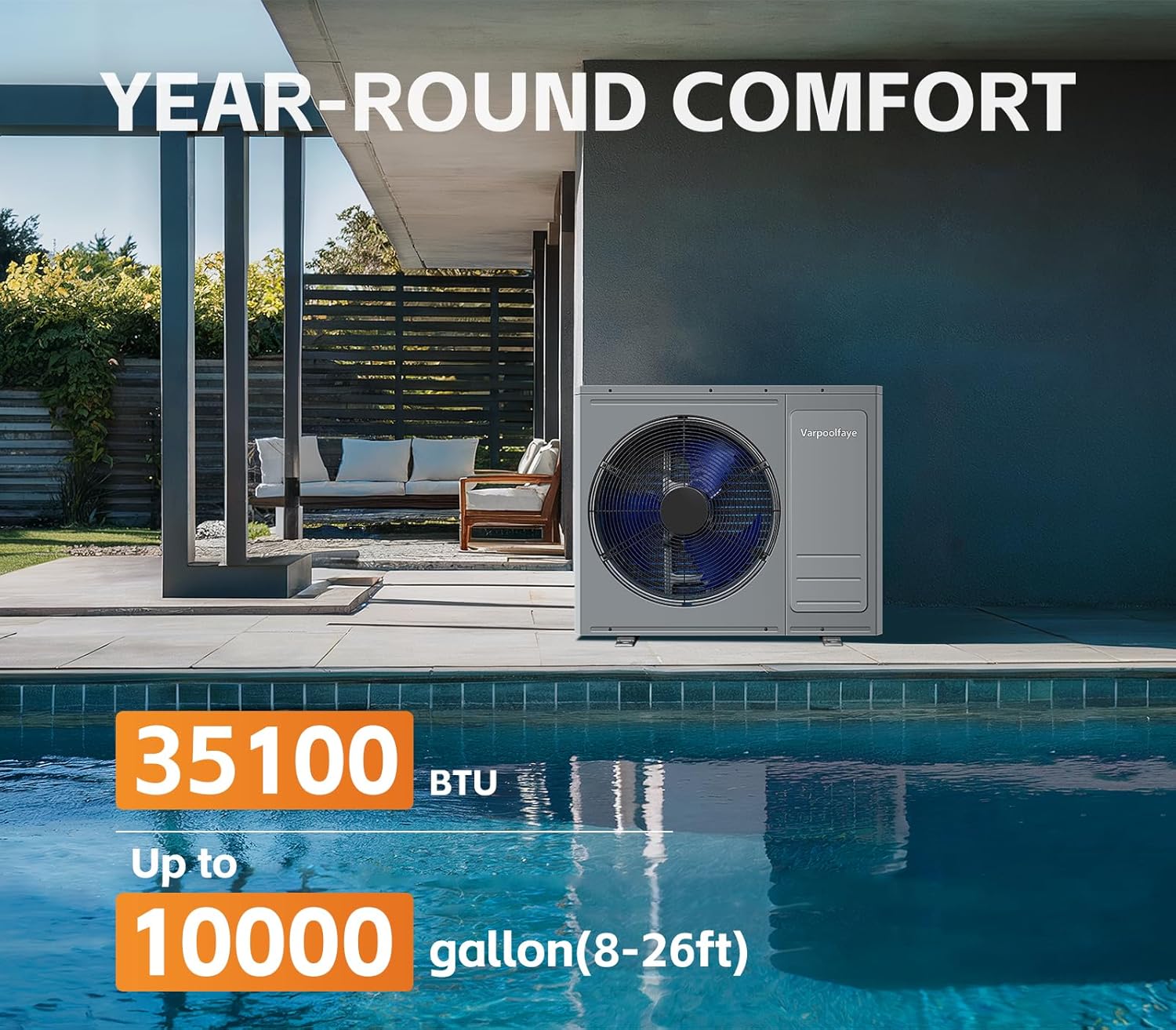 35100 BTU Electric Pool Heater for Inground Pools 10000 Gallon Swimming Pool Heat Pump Heating or Cooling WiFi Control Schedule 220V 60HZ