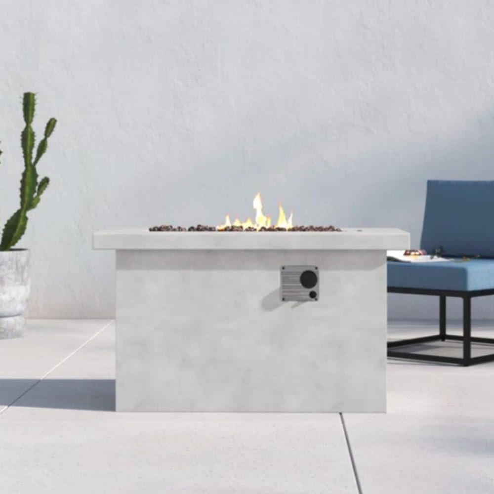 Modern Concrete Outdoor Fire Pit Table for Propane or Natural Gas Use, Gray Weather-Resistant Patio Centerpiece with Stainless Steel Burner