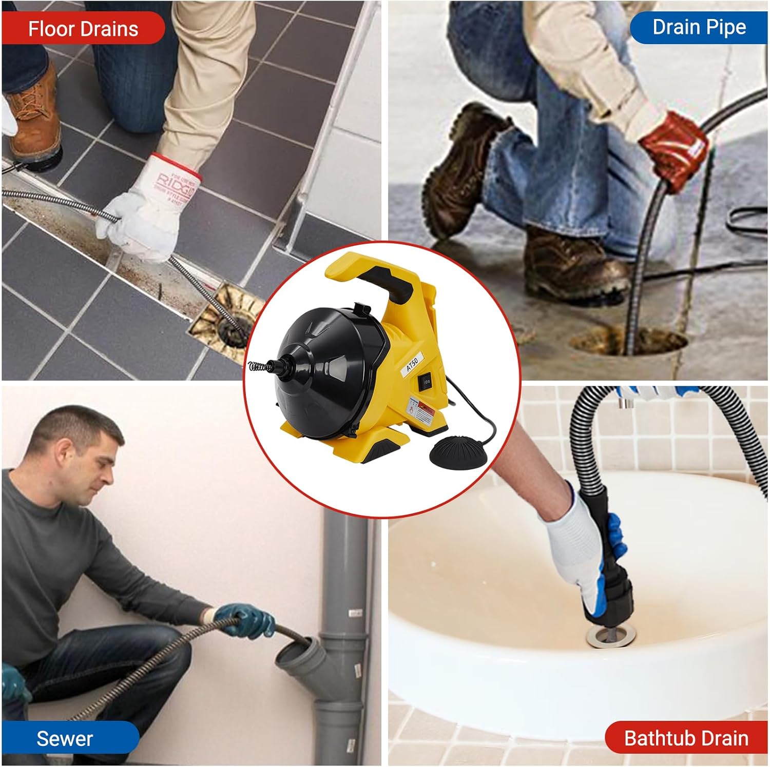 30Ft Electric Drain Cleaner Machine with Auto-Feed & Foot Switch, for 3/4In-2In Pipes - Piano Wire Sewer Snake for Sinks, Toilets, Floor Drains