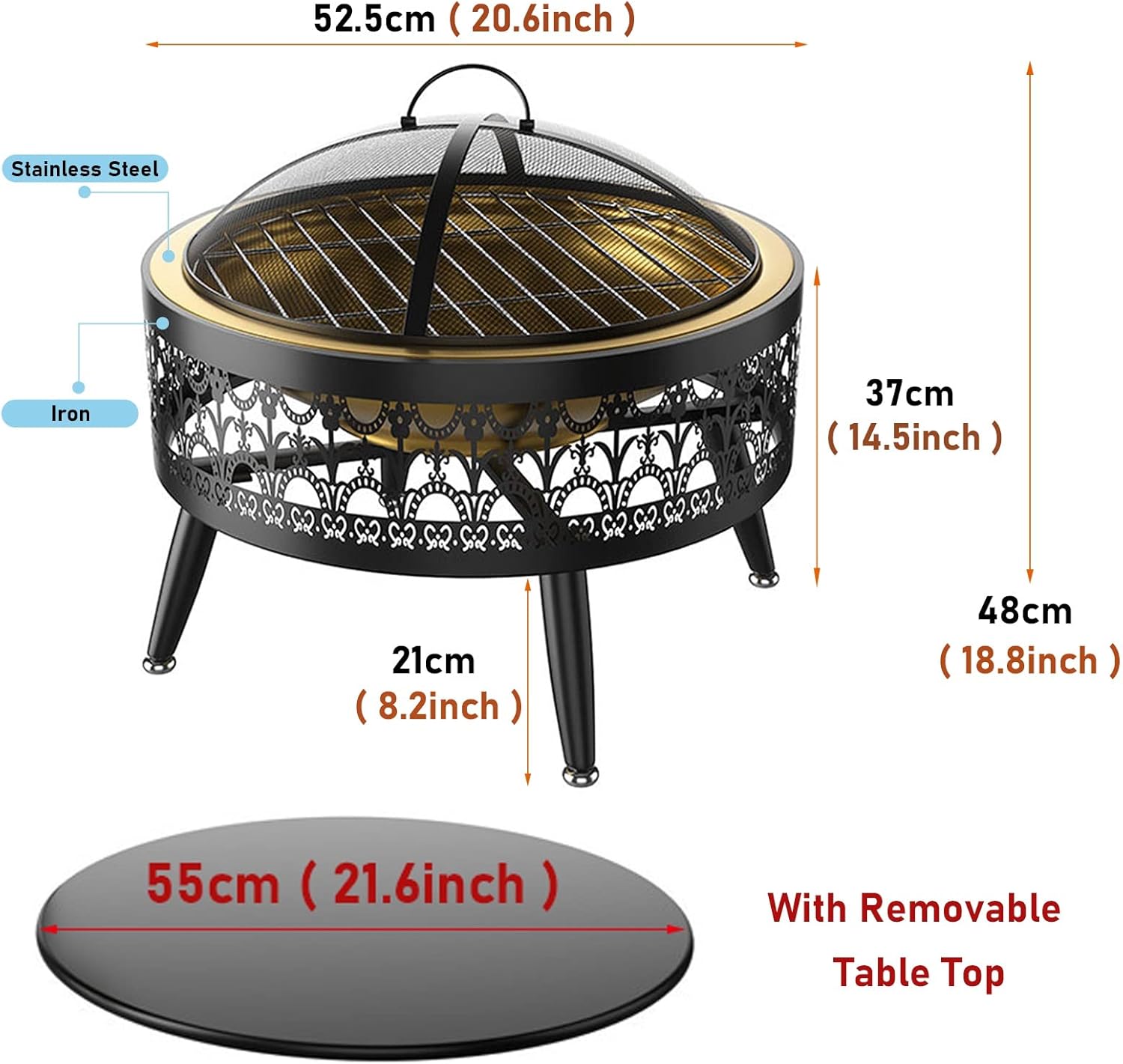 LXLZYXSF Outside Fire Pit Bowl with Table Top, Living Room Coffee Table, Wood Burning Fire Basin for Camping, BBQ, Travel, Bonfire Party, Picnic (Color : Deep Coffee, Size : 52.5cm/20.6inch Wide)