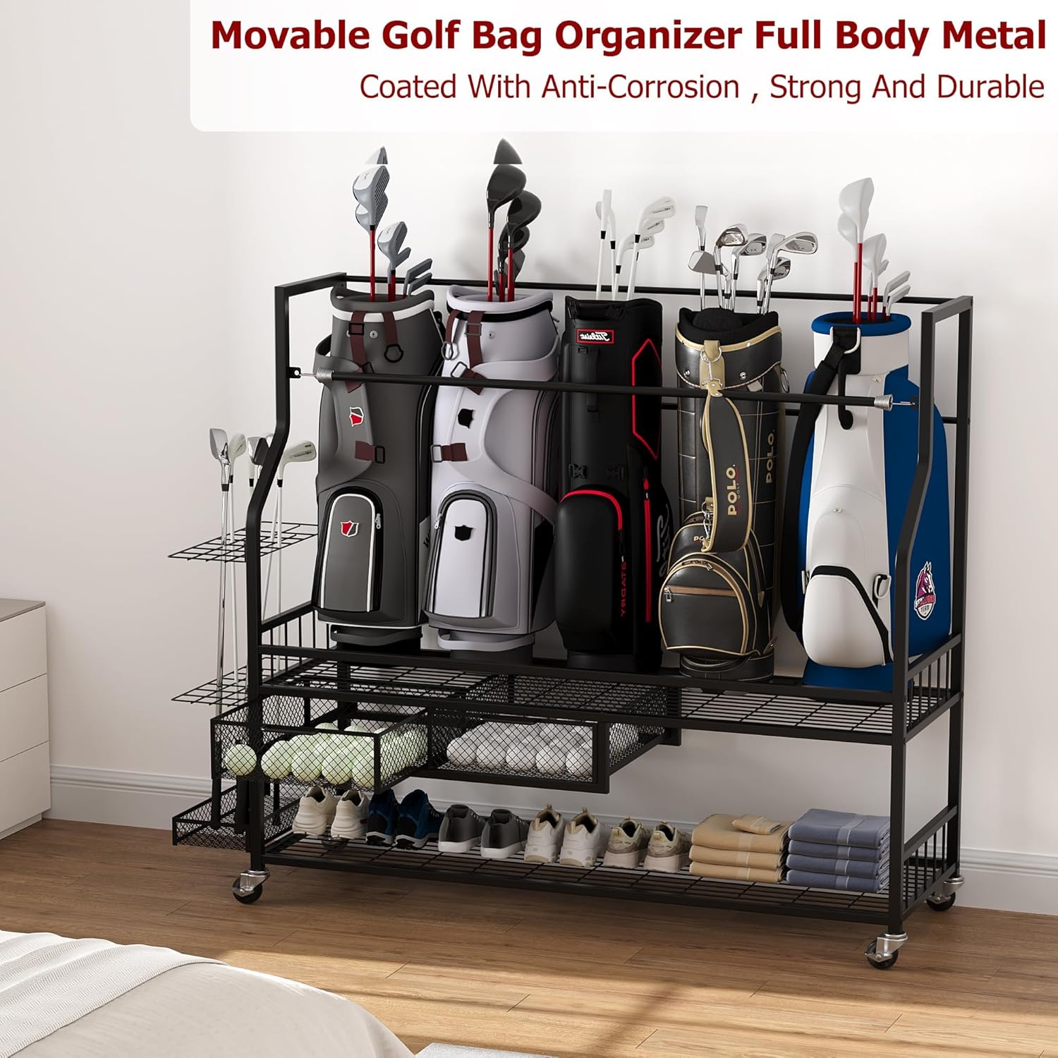 Golf Bag Storage Garage Organizer,Mobile 5-Bag Stand Fit for Golf Bag and Equipment Accessories,Golf Bag Storage Rack with Wheels for Garage
