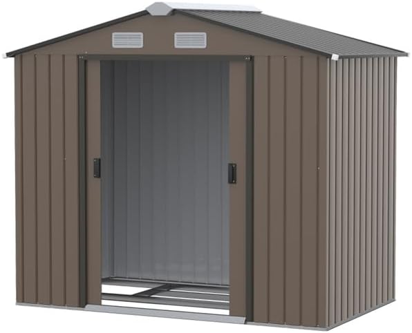 Steel Garden Storage Shed 7x4 ft – Weather-Resistant Outdoor Tool Storage House with Double Sliding Doors, Sloped Roof, Vents, and Foundation Kit (Gray)