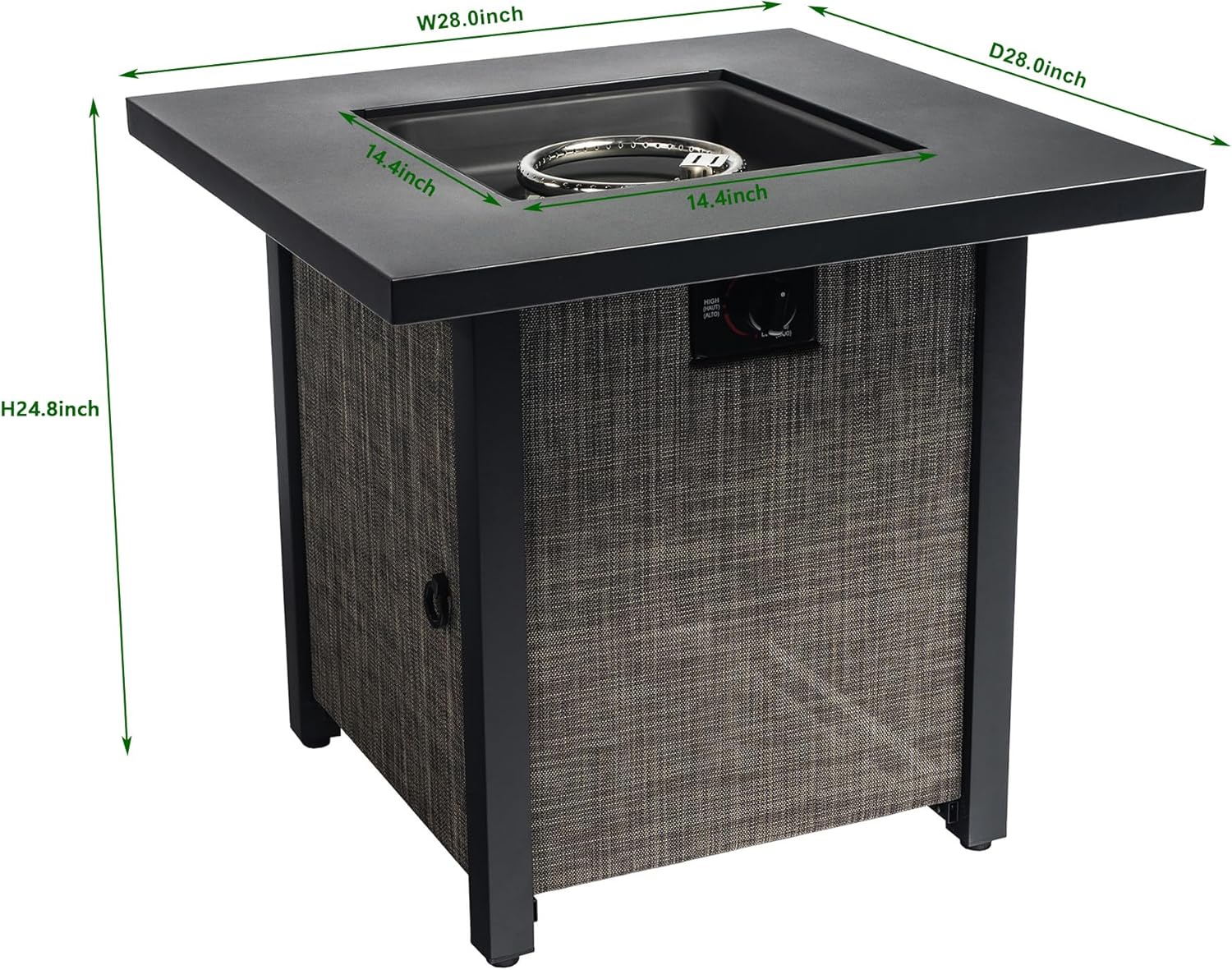 GOWE 40000BTU Square Propane Fire Pit Table Steel Tabletop with Textilene Side Panel, Steel Lid and Rocks