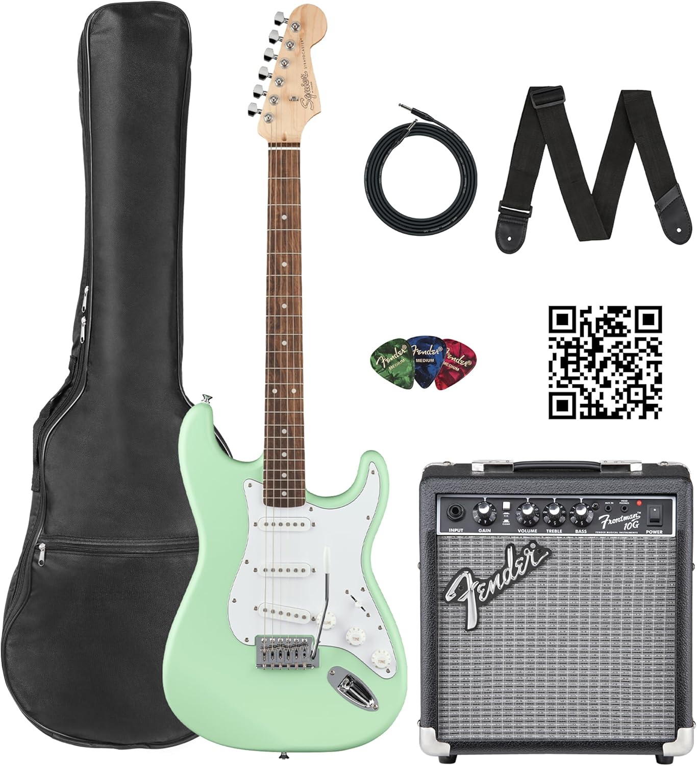 Fender Squier Stratocaster Electric Guitar - Surf Green Bundle with Fender Frontman 10G Amplifier, Gig Bag, Cable, Strap, Picks, and Austin Bazaar Instructional Video