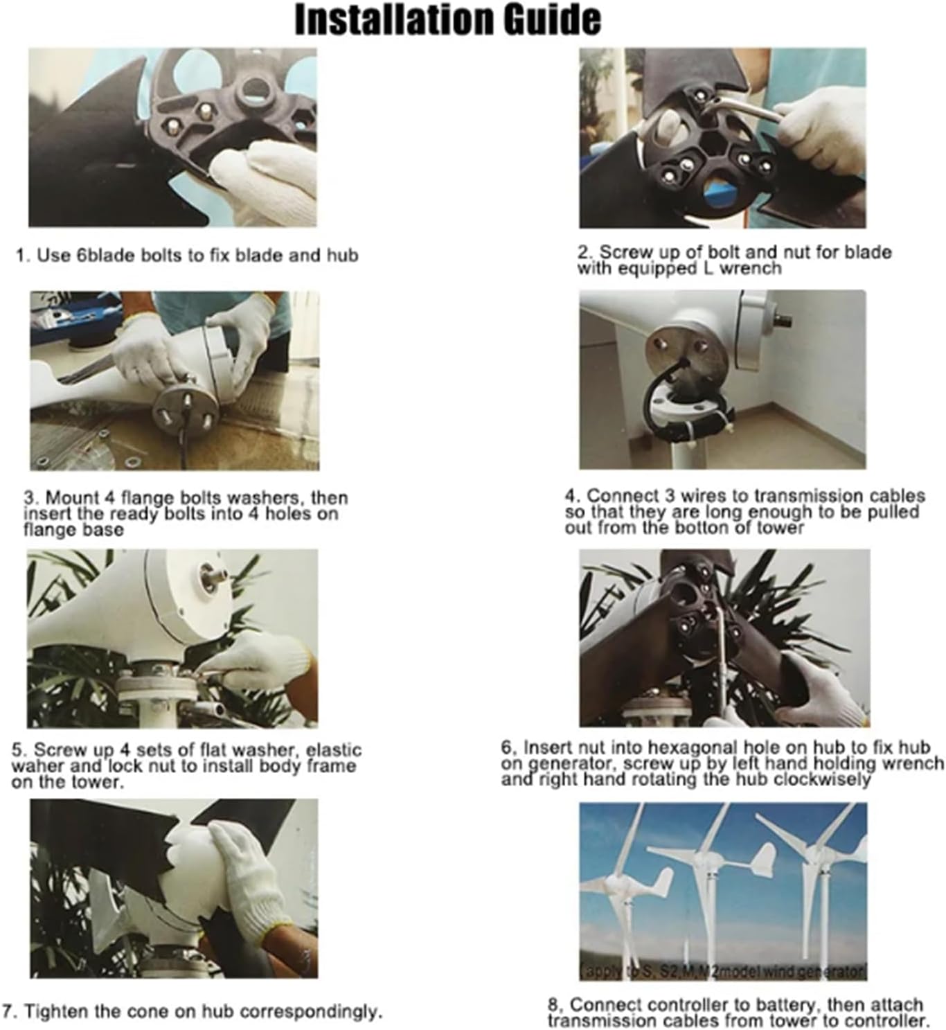 8000W 6 Blades Horizontal Wind Turbine Kit, Horizontal Windmill 12V 24V 48V Generator Wind Power System with Controller for Homeuse (White)