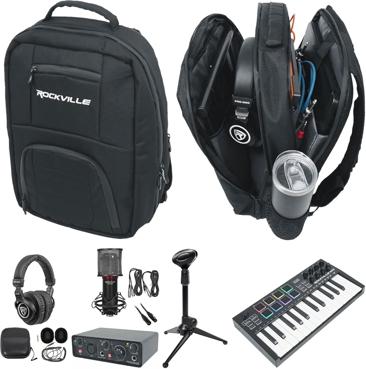 Rockville Bundle: M25 BLACK 25 Key USB Wireless MIDI Controller Bundle with R-TRACK Audio Interface+PRO-M50 Headphones+DJBP24 Backpack+RDTS Stand+RCXFM6P-B Cable+RCM SR Microphone (7 Items)