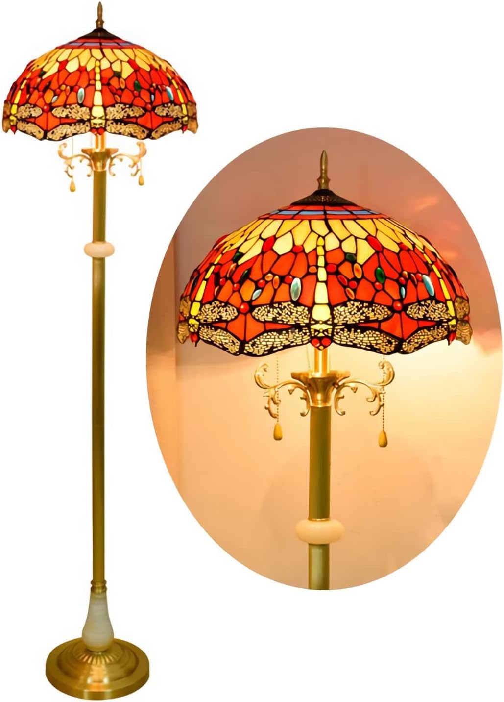 16 Inch Tiffany-Style Floor Lamp, Red Dragonfly Stained Glass Readlight, Vintage All Copper Base Standlamp for Bedroom Office