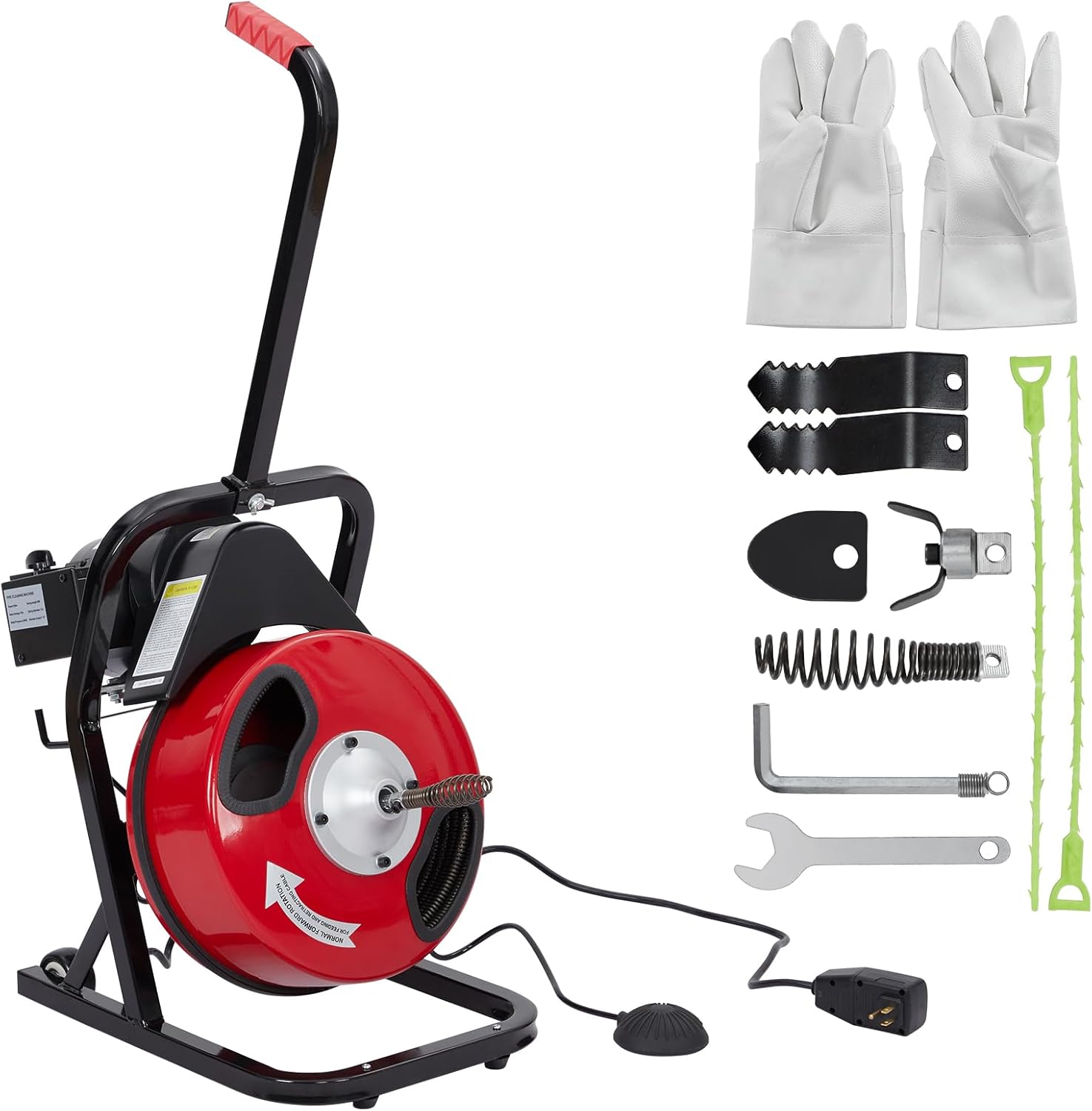 50 FT x 1/2 Inch Drain Cleaner Machine with 250W Motor, Manual Feed Sewer Snake Auger with 4 Cutters & Air-Activated Foot Switch, Semi-Enclosed Drum Drain Cleaning Tool for 2
