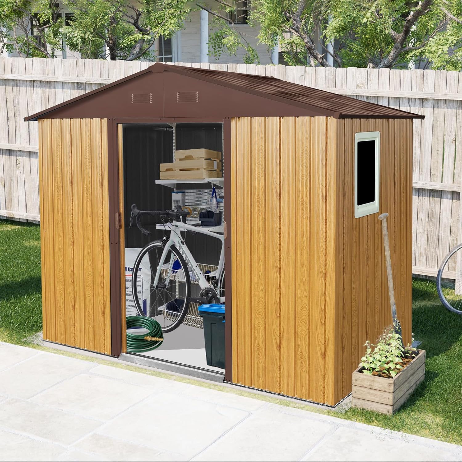 8 x 4 FT Outdoor Storage Shed, Metal Garden Shed with Floor Frame, Tool Shed Outdoor Storage with Lockable Sliding Doors & Window & Air Vents, Storage House Waterproof for Backyard, Lawn, Coffee