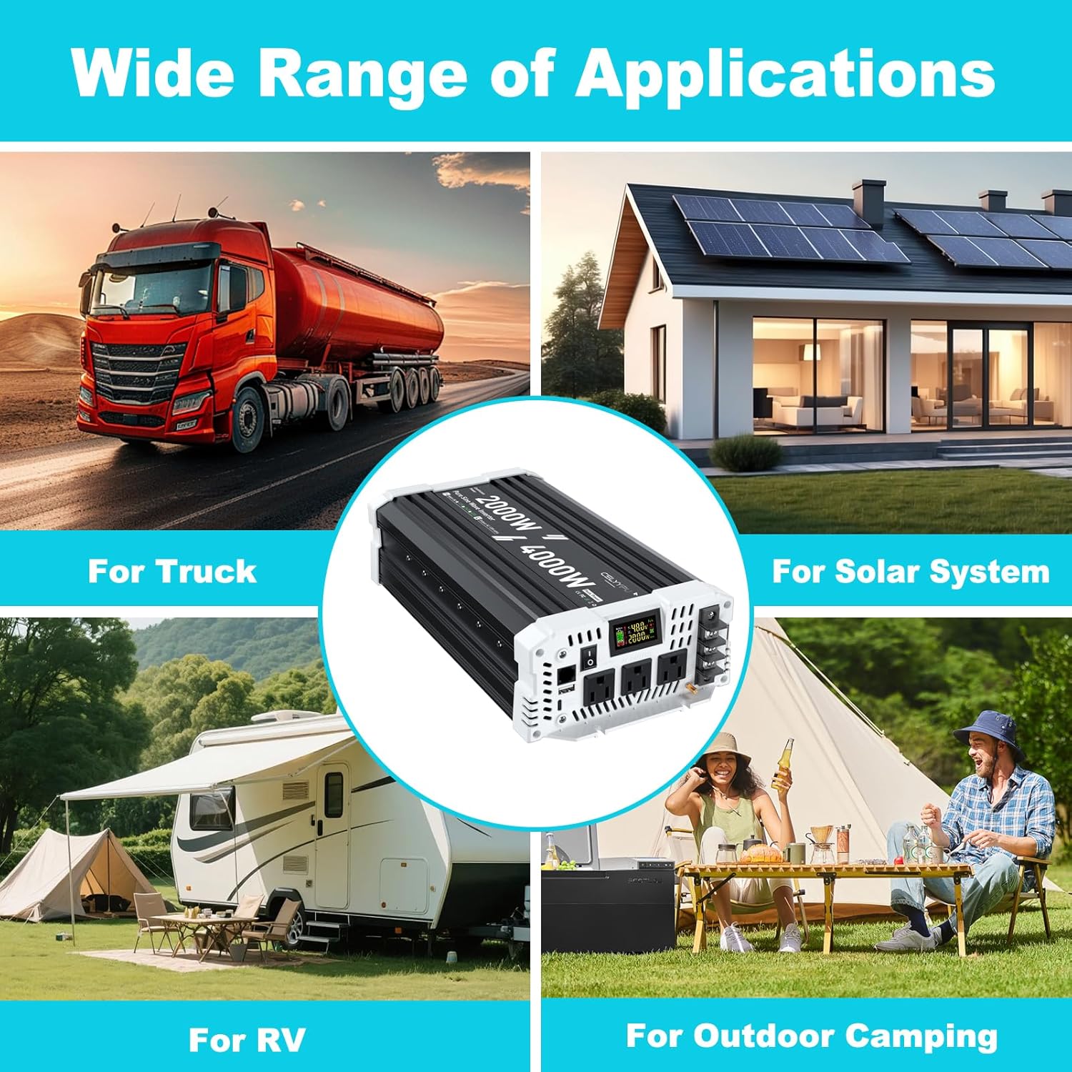 2000 watt Pure sine Wave Inverter, 48V DC to 110V AC Power Inverter, Used for Solar Emergency Power Supply in RV Homes, with 3 AC Output sockets, USB Port, Type-C Port, Remote Control with LCD Screen