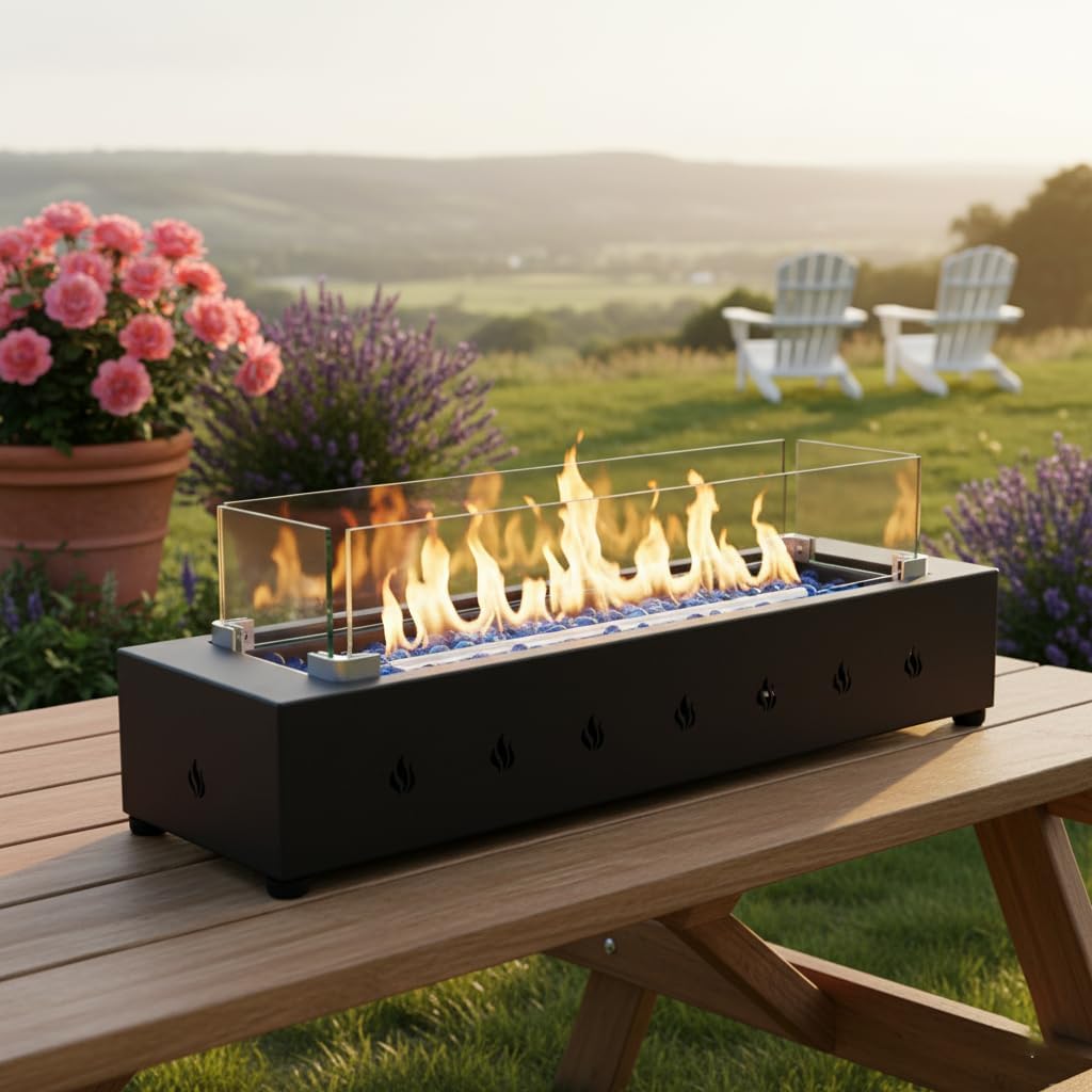 for Outdoor Patio and Backyard, 28-Inch Rectangle Propane Fire Pit Tabletop with 40000 BTU Wind Resistant Tempered Glass and Durable Iron Glass Beads Design