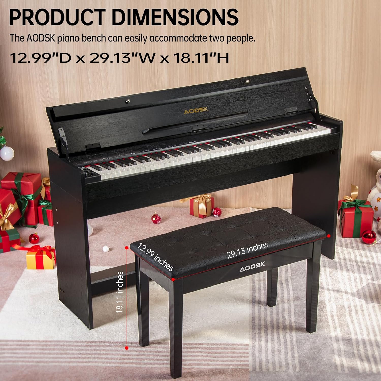 AODSK 88-Key Weighted Hammer Action Digital Piano with Speakers+AODSK Wooden Duet Piano Bench with Padded Cushion and Storage Compartment