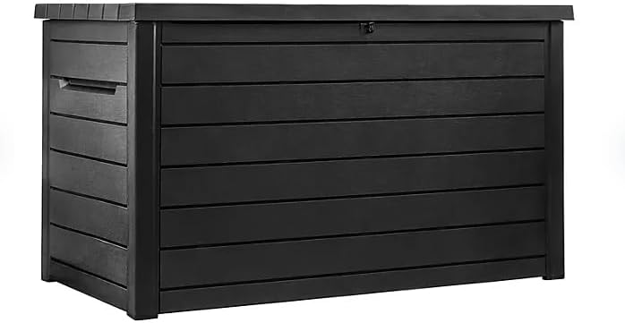 Stylish Indoor/Outdoor Storage Deck Box,Resin,Large Capacity, Weather-Resistant, Lockable lid and Side handles. (Black, 230 Gallon)