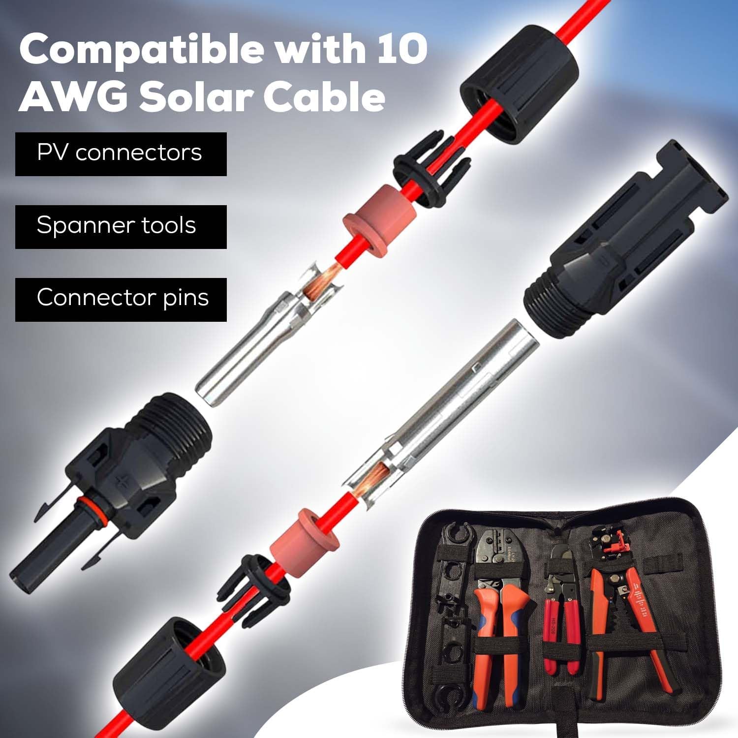 5 Piece Tool Solar Kit | 40 Piece 2 PV Solar Panel 20 Male 20 Female Connector Kit | Compatible with 10 AWG Solar Cable, 30 Amp, 1000V DC, IP67 Waterproof |