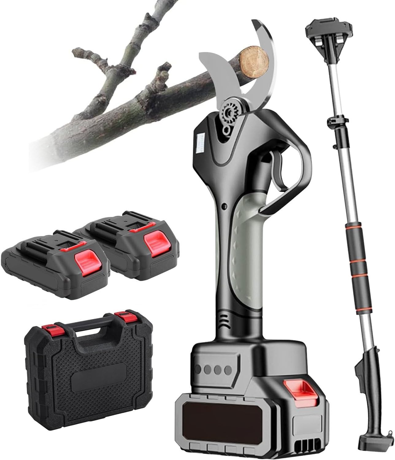 Electric Pruning Shears, Pruner Branch Scissors with 2.1M Telescopic Pole / 2×4.5Ah Battery, 50mm Max Diameter, Cordless Secateurs with LCD Display