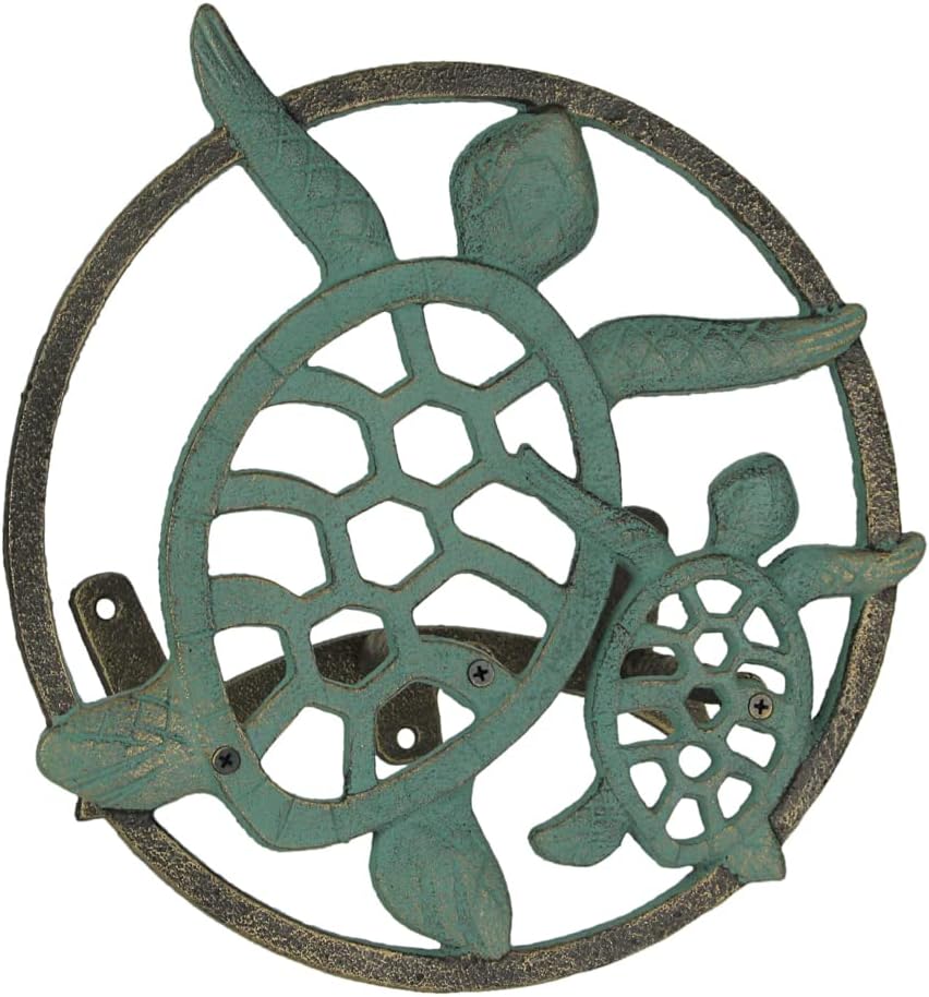 Verdigris Bronze Finish Cast Iron Sea Turtle Decorative Wall Mounted Hanging Garden Hose Hanger - 12 Inches Diameter - Ocean-Inspired Hose Holder Décor