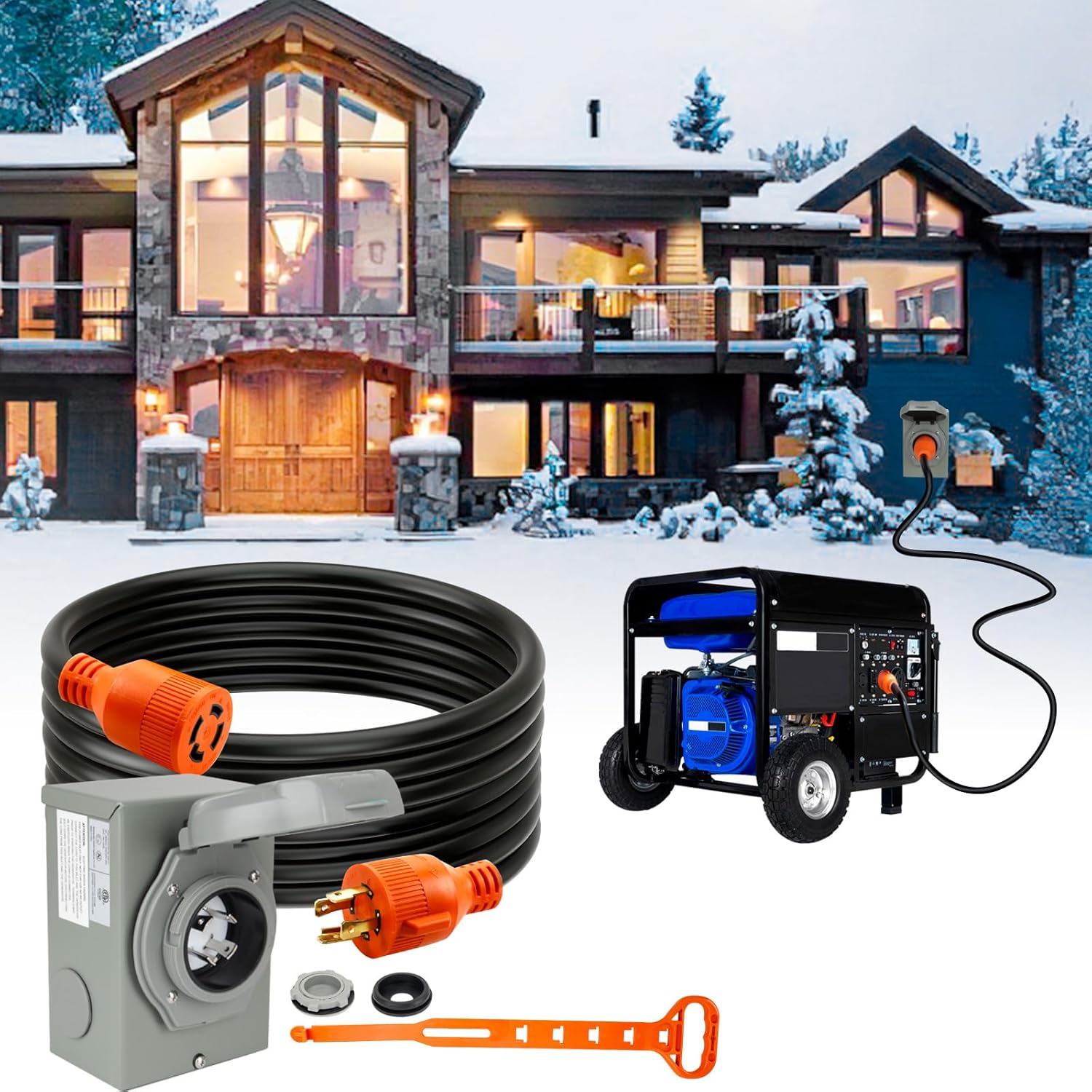 30 Feet 30 Amp Power Cord and Power Inlet Box Generator Hookup Kit, 7500W, 125V/250V Generator Extension Cable Twist Lock and Pre-Drilled Power Inlet Box for Outdoor, Home, Backup Power Use