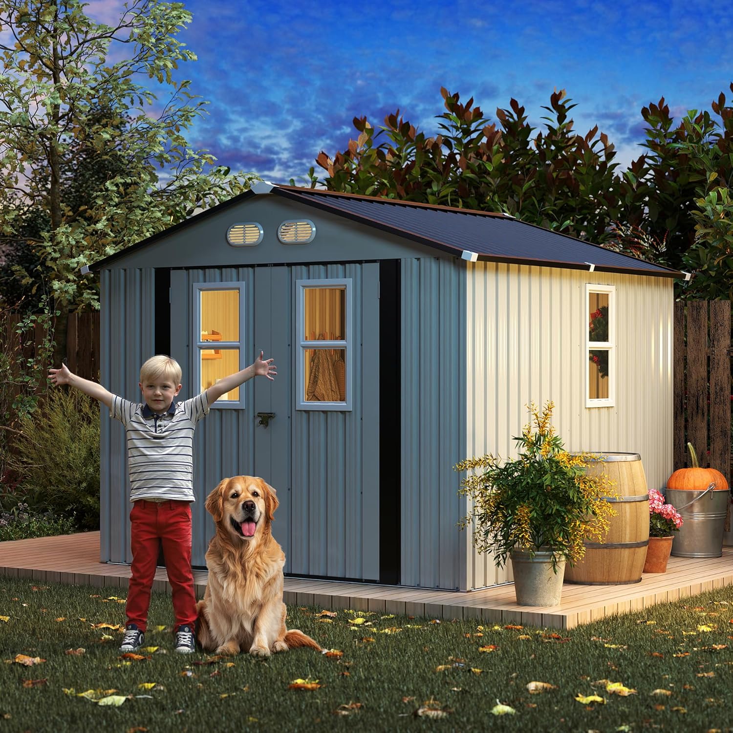 KEIKI 8x8 Metal Storage Shed with Protective Film, 4 Daylight Windows, Lockable Double Doors, Heavy-Duty Color Steel Outdoor Storage Shed for Backyard Garden, White