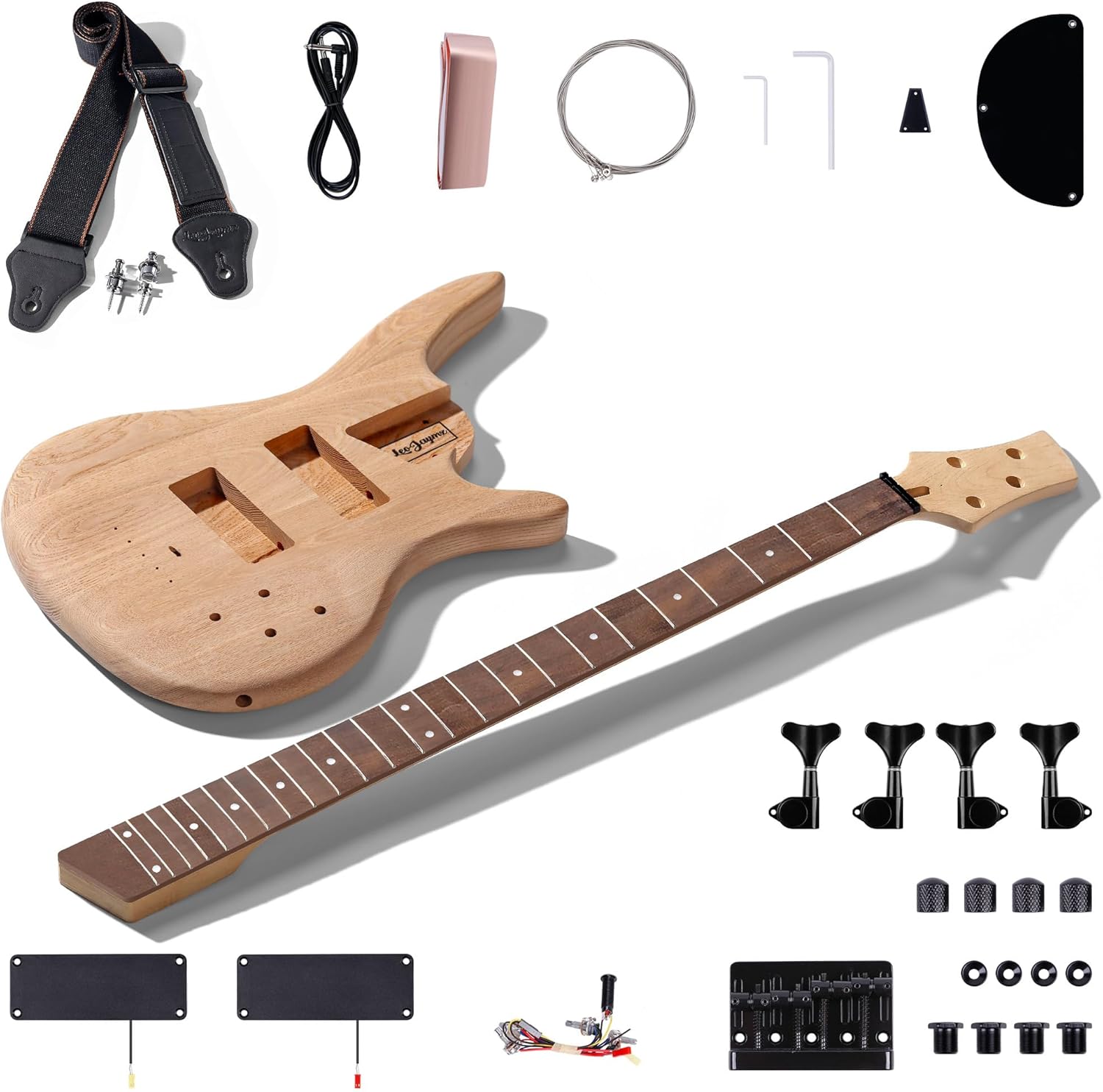 Leo Jaymz DIY Electric Bass Guitar Kits -Roasted Ash Body,Roasted Maple Neck and Ebony Fingerboard - Fully Components Included (IB 4Strings)