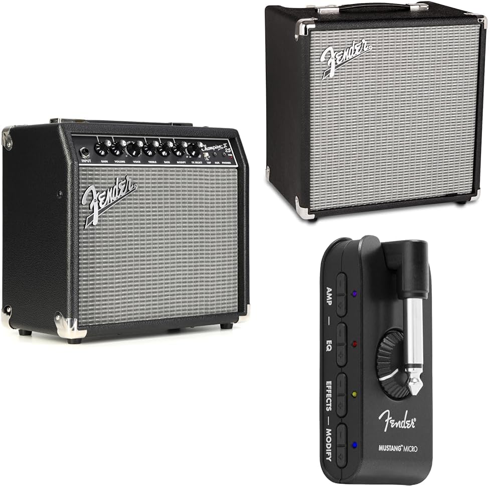 Fender Champion II 25 Guitar Amplifier, 25 Watts + Rumble 25 v3 Bass Combo Amp, Black + Mustang Micro Headphone Amp