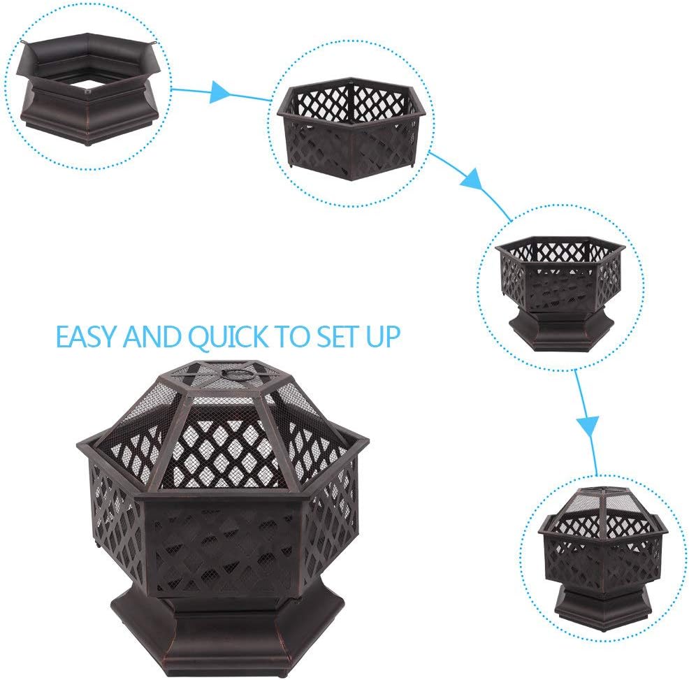 Outdoor Fire Pit 26 inch Hexagonal Patio Firepit Wood Burning Fireplace Portable Metal Fire Bowl with Mesh Screen Cover for Camping Picnic Bonfire Backyard Garden, black