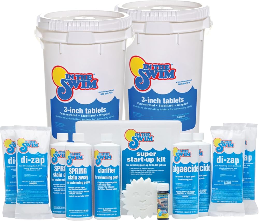 In The Swim Opening Kit and Chlorine Bundle - Pre-Measured Opening Kit for Easy Use - (2) 50 Pound Bucket of 3-Inch Stabilized Chlorine Tablets - for Inground and Above Ground Pools Up to 35,000