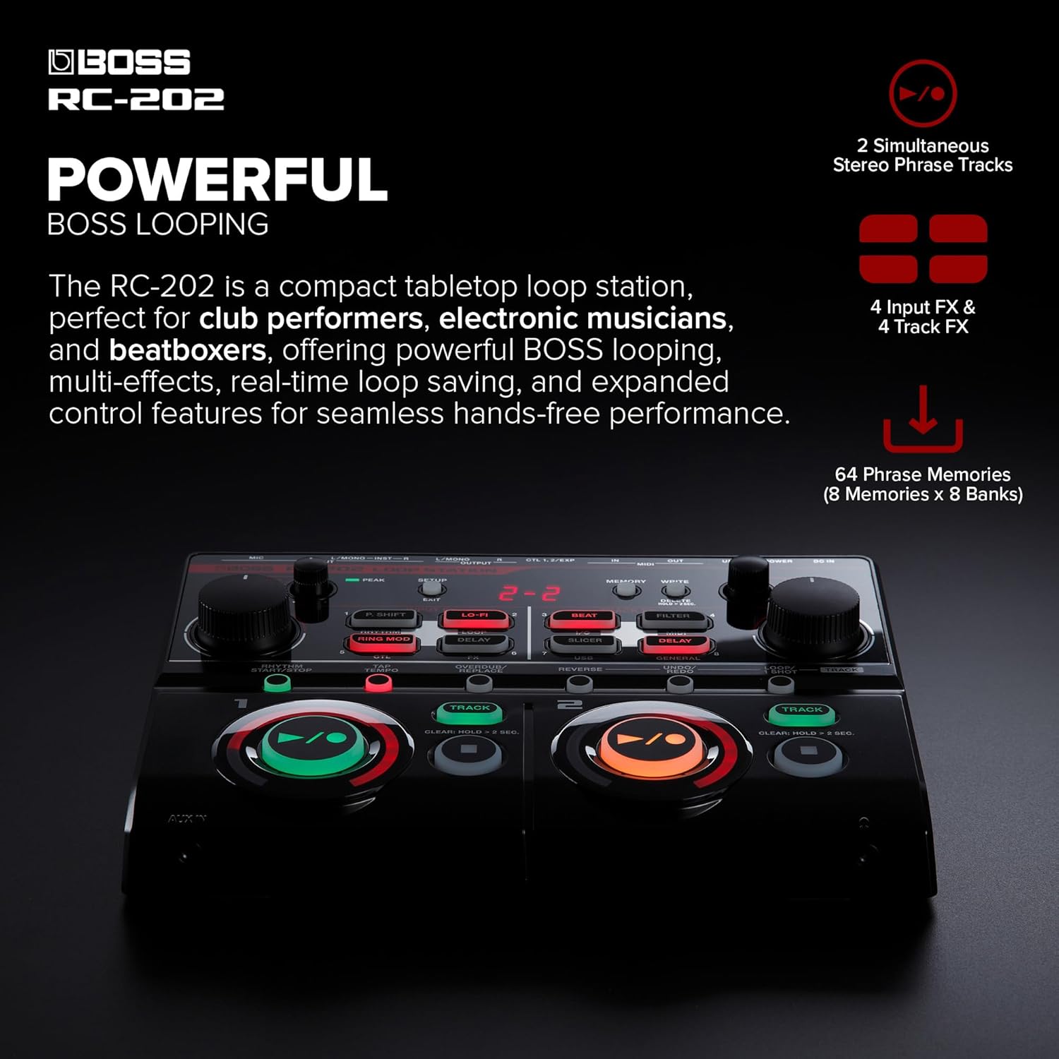 BOSS RC-202 Loop Station | Fingertip Looping for Progressive Music Creators | Two Stereo Tracks | 64 Phrase Memories | USB Audio/MIDI Interface | For Club Performers, Electronic Musicians & Beatboxers