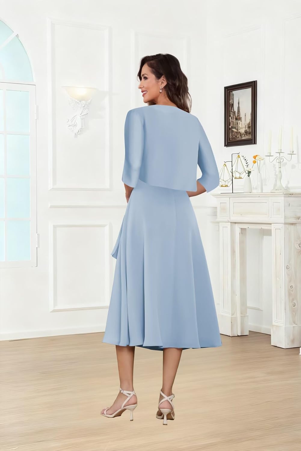 2 Piece Mother of The Bride Dresses Tea Length Chiffon Formal Mother of The Groom Dress with Jacket