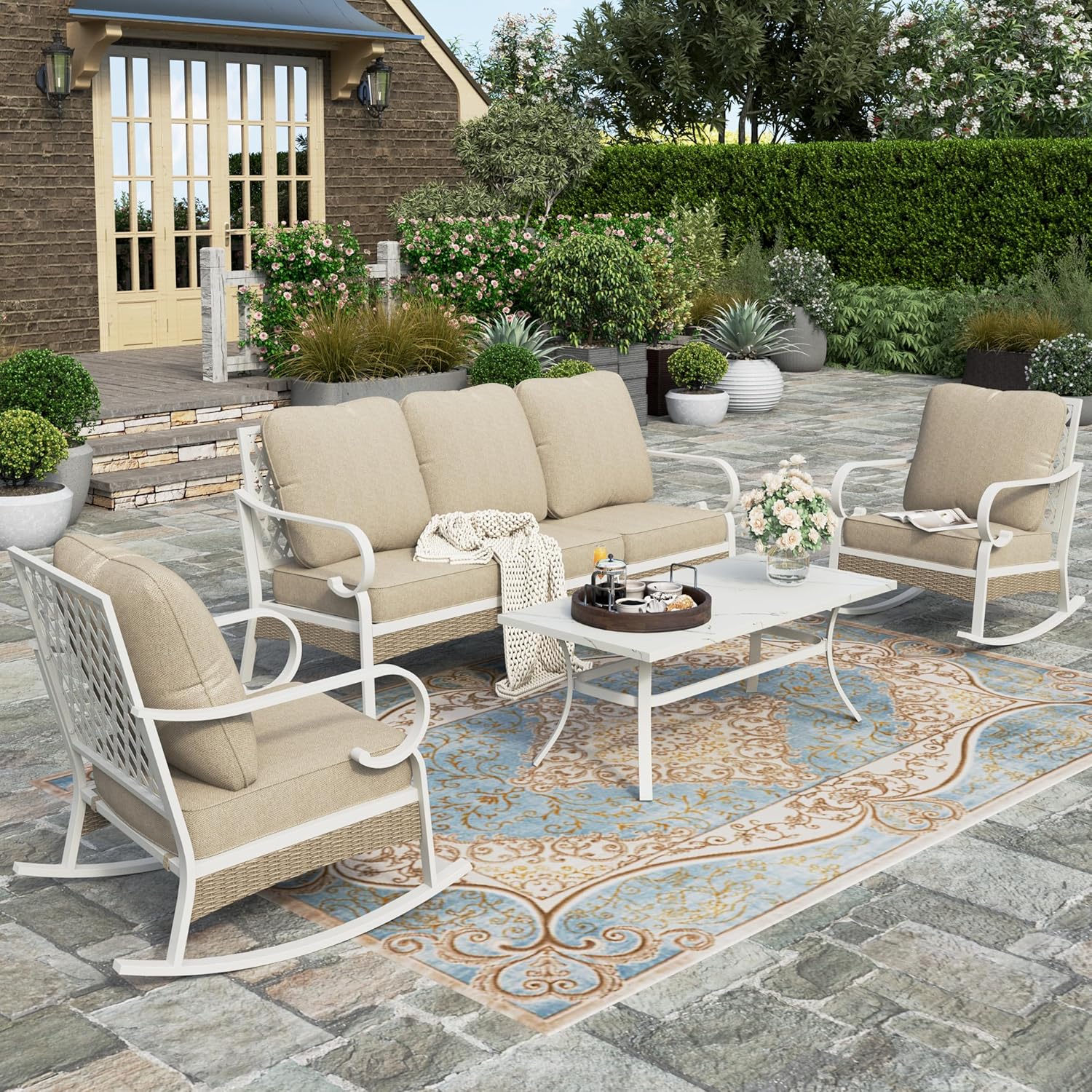 HERA'S HOUSE 4 Piece Patio Furniture Set, 2 x Rocking Cushioned Chair, 1 x 3-Seat Sofa with Marbling Coffee Table, All Weather Outdoor Conversation Set for Lawn Garden Backyard, Beige