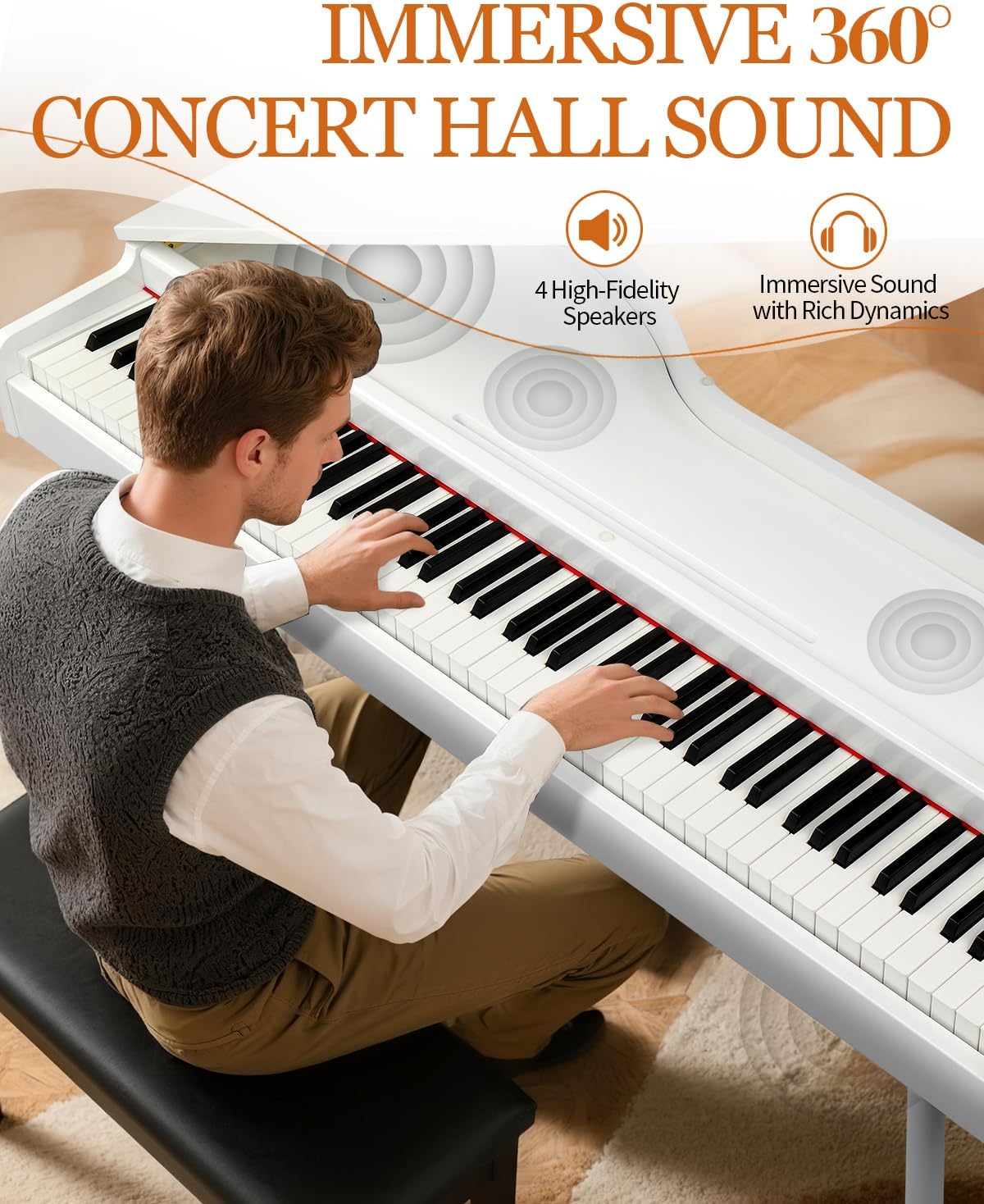 Ktaxon Grand Piano 88 Key Weighted Keyboard with High-Gloss Lacquer Finish, Streamlined Arched Body, Foldable Lid, Immersive 4-Speaker Sound, Bluetooth MIDI/Audio and Headphone jack (White)