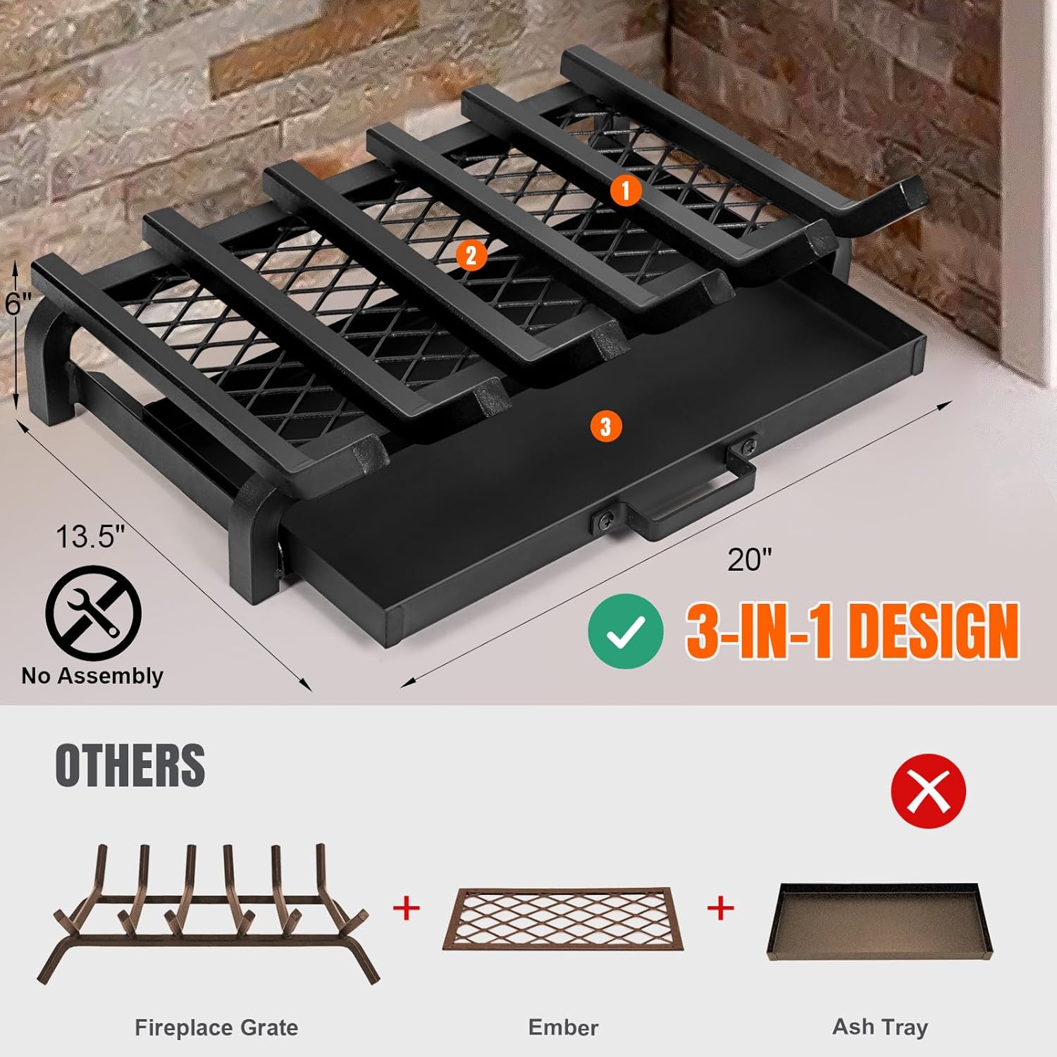 Fireplace Grate 20 Inch- Wood Stove Fireplace Log Grates with Ember & Ash Trays Pan, Heavy Duty Wrought Cast Iron Rack Holder Pit for Indoor Outdoor Chimney Hearth