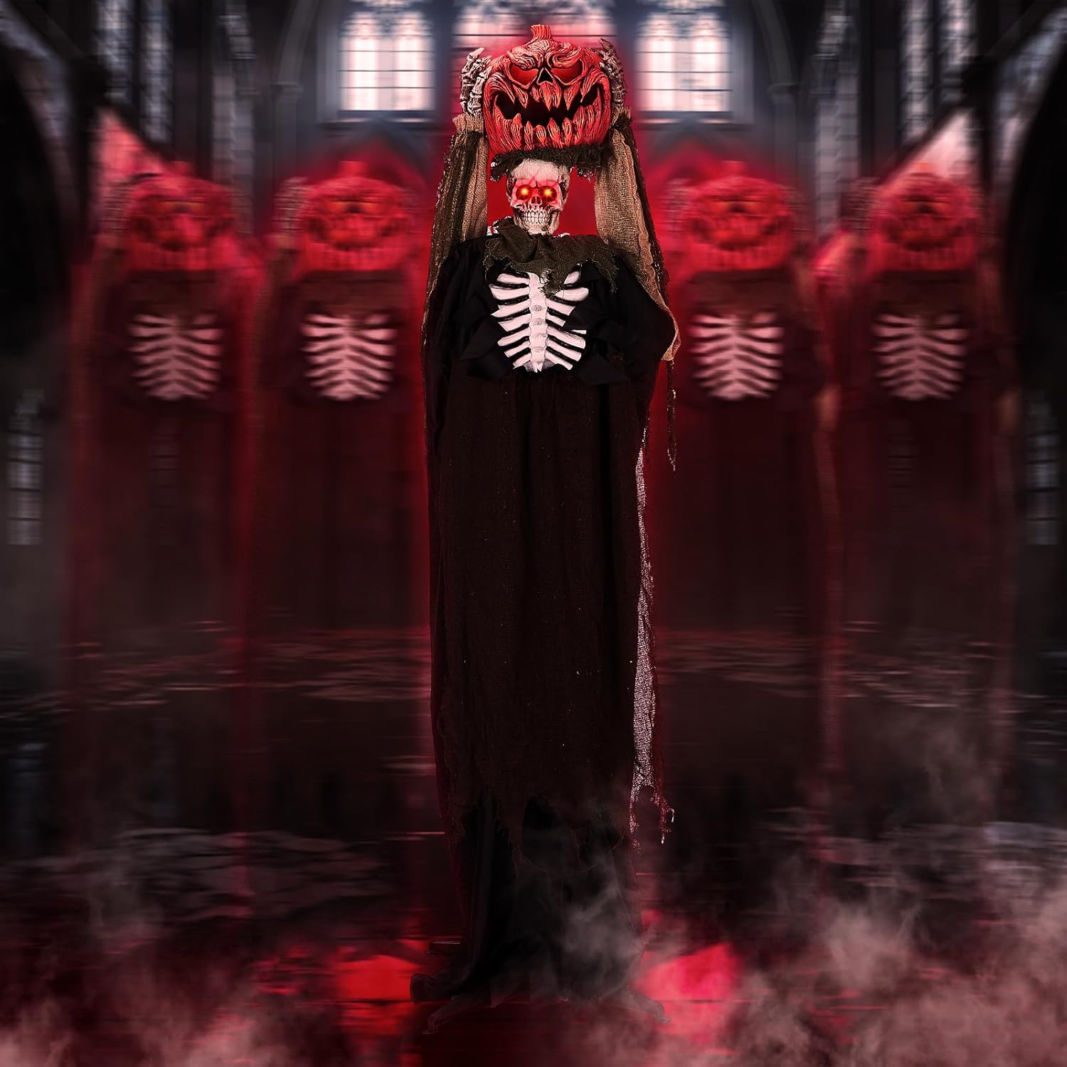 VINGLI 5.6ft Pumpkin Man Life Size Animatronic – Sound Activated, Light-Up Eyes (orange), Head Movement, Battery Operated Indoor Outdoor Yard Decor, Haunted House Scary Decoration, Motion Sensor Hallo