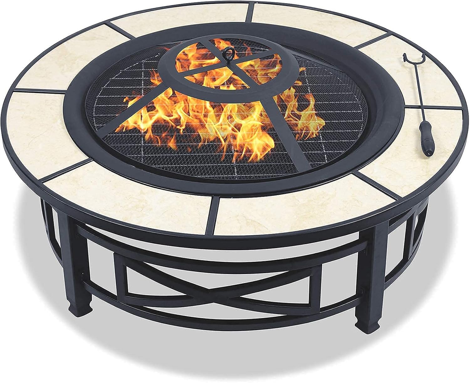 Metal Round Fire Pit with BBQ Grill & Cover - Outdoor Garden Stove Patio Heater/Charcoal Barbeque/Ice Pit, Smoke Grill Table Tabletop Grill