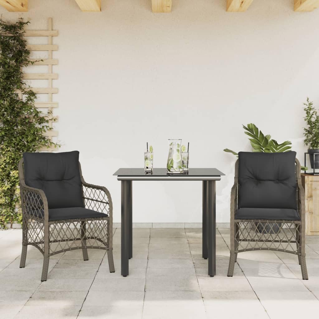 3 Piece Bistro Set with Cushions Gray Poly Rattan Garden Furniture