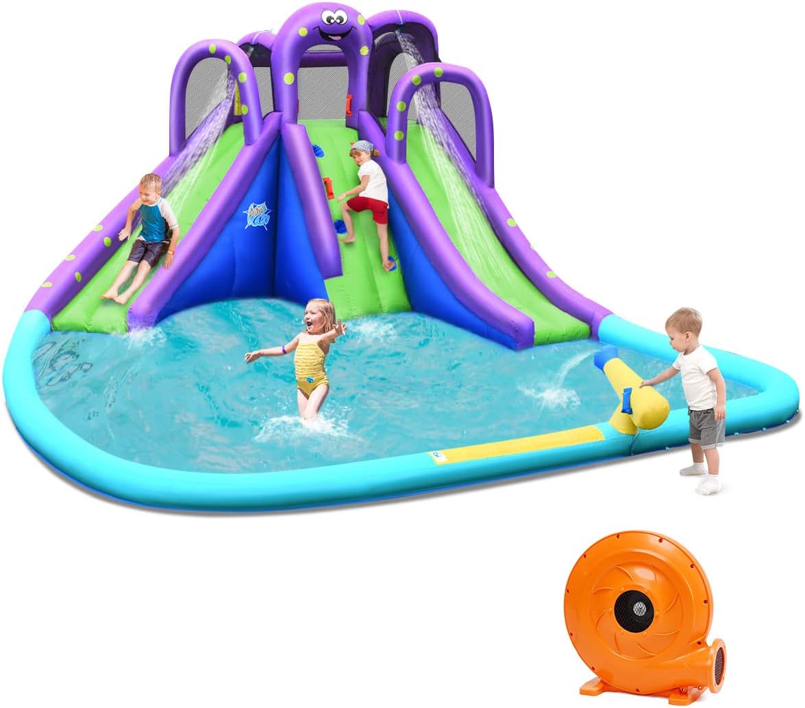 HONEY JOY Inflatable Water Slide, Octopus Themed Giant Kids Water Park w/ 2 Slides & Climbing Wall, Water Hoses & Cannon, Large Splash Pool, Outdoor Blow Up Waterslides for Backyard(with 780w Blower)