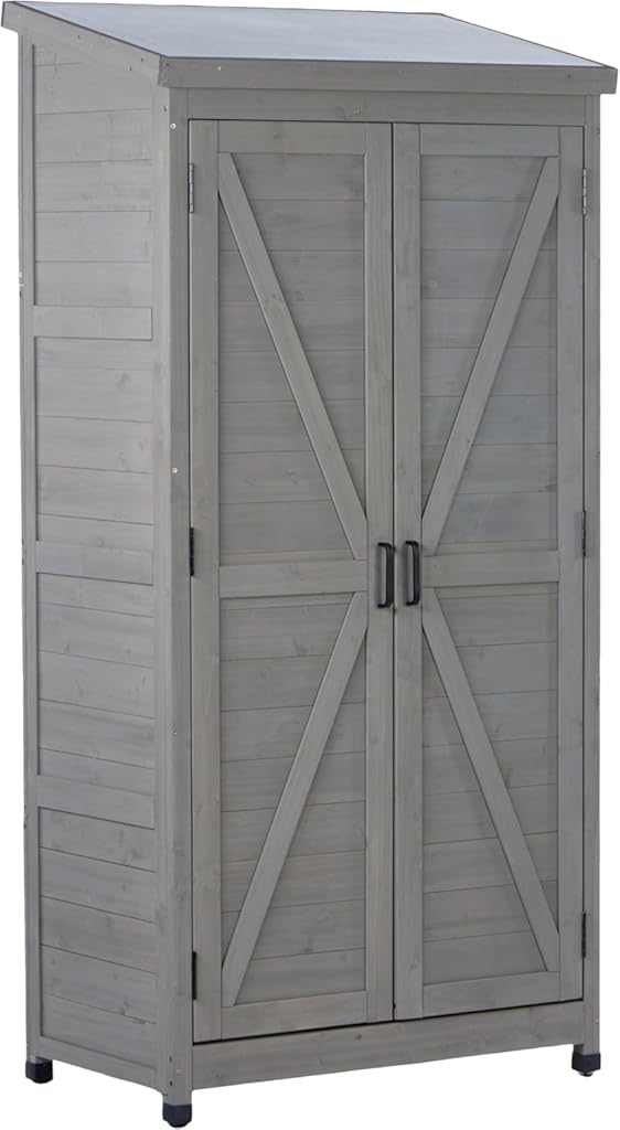 Outdoor Wooden Storage Shed with Metal Top: Vertical Tool Cabinet for Backyard & Patio - Farmhouse Style Weather Resistant Cabinet for Vacation Home Owners & Garden Tool Organization